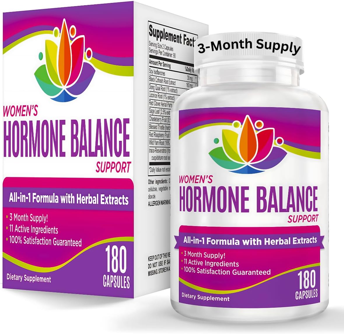 3-Month: Women's Hormone Support Supplement | All-in-1 Formula with 11 Active Ingredients | Female Hormonal Balance Supplements | 90 Day Bulk Supply | 180 Capsules