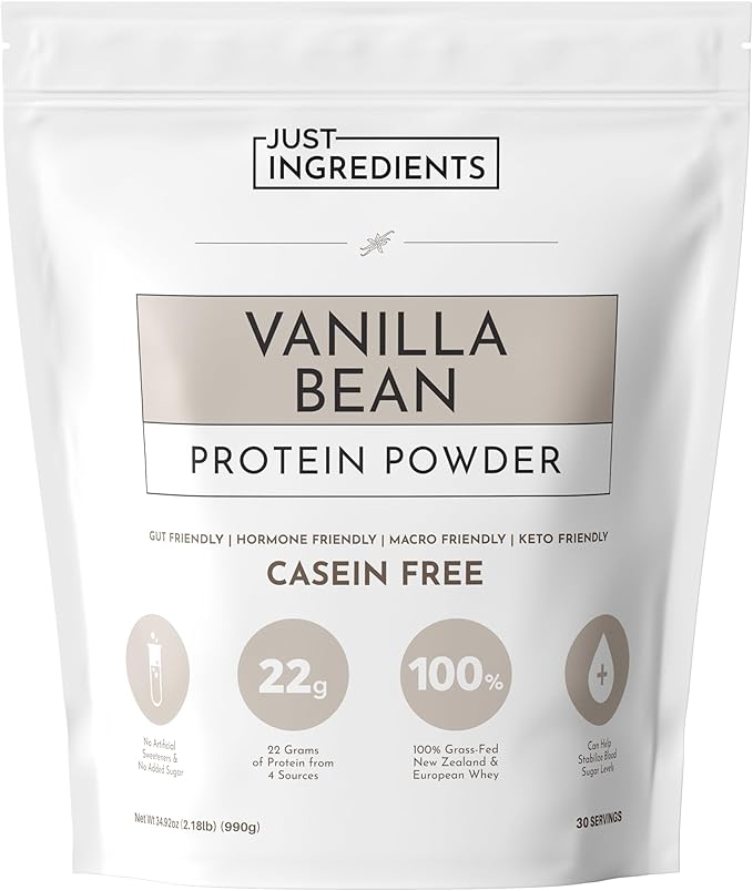 JUST INGREDIENTS Vanilla Bean Protein Powder – 30-Serving Blend with 100% Grass-Fed Whey & Organic Plant Proteins – Real Vanilla Bean & Cinnamon – Supports Muscle Recovery, Energy*