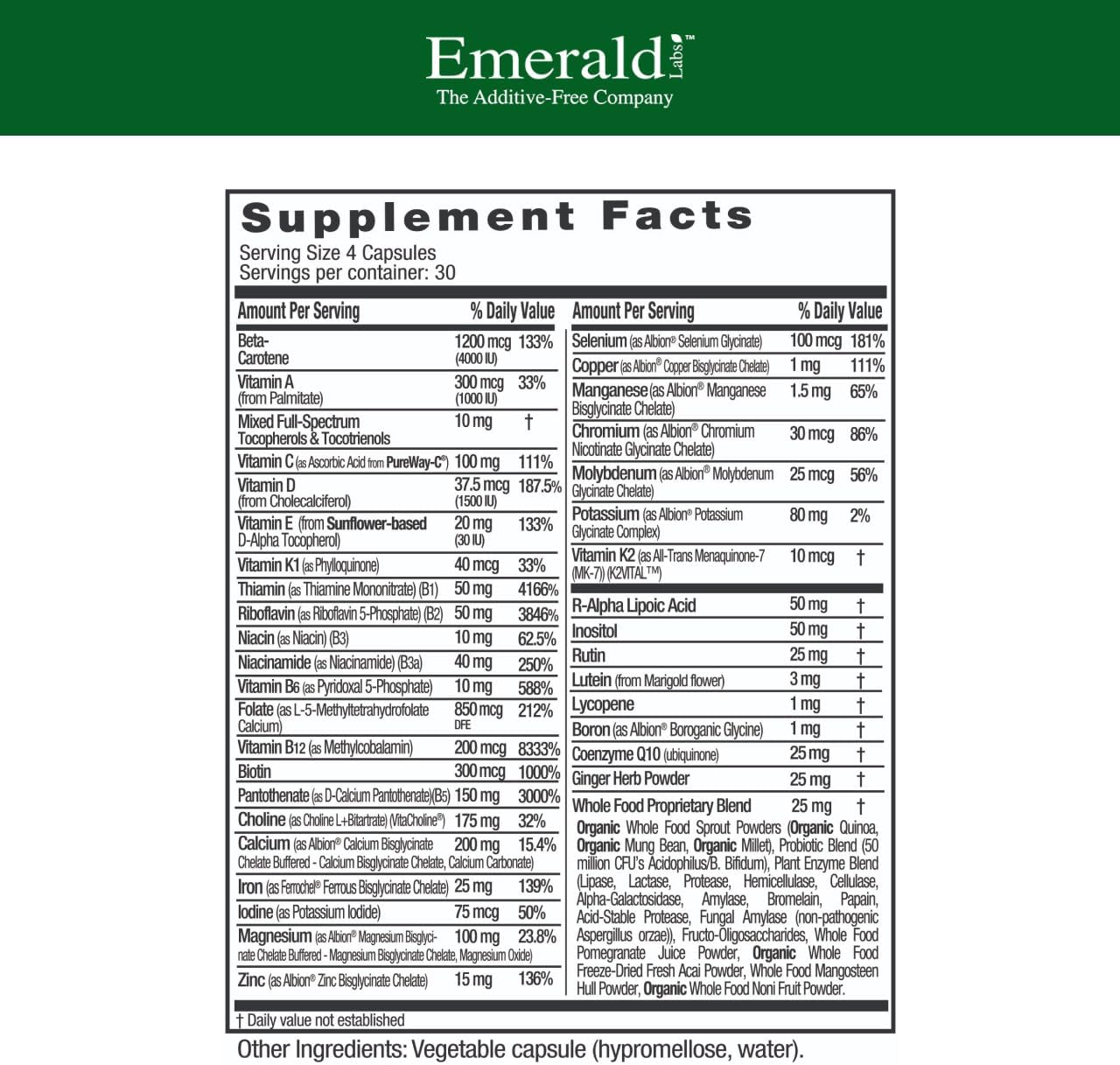 EMERALD LABS Prenatal Clinical Multi - Prenatal Multivitamin with Methylfolate, Albion Chelated Gentle Iron, Whole-Food Ingredients & More - Soy & Gluten-Free - 120 Vegetable Capsules (30-Day Supply)