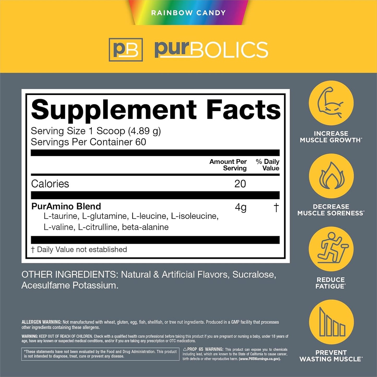 Aminos | 4g of Free-Form Amino Acids, Beta-Alanine, 0 Calories & 60 Servings (Rainbow Candy)