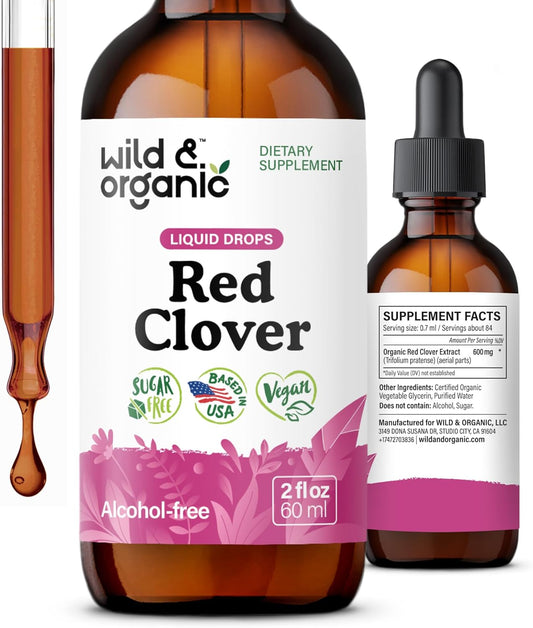 Wild & Organic Red Clover Extract Drops 600 mg - Liquid Red Clover Supplement for Women - 1-Month Supply - Trifolium Pratense Blossom Tincture - Vegan, Sugar & Alcohol-Free - 2 fl oz