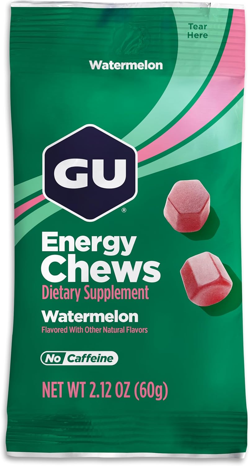 GU Energy Chews, Watermelon Energy Gummies with Electrolytes, Vegan, Gluten-Free, Kosher, Caffeine-Free, and Dairy-Free On-The-Go Energy for Any Workout, 12 Bags (24 Servings Total)