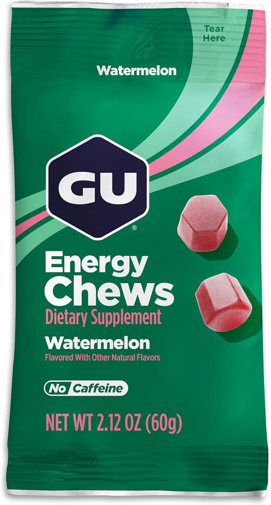 GU Energy Chews, Watermelon Energy Gummies with Electrolytes, Vegan, Gluten-Free, Kosher, Caffeine-Free, and Dairy-Free On-The-Go Energy for Any Workout, 12 Bags (24 Servings Total)
