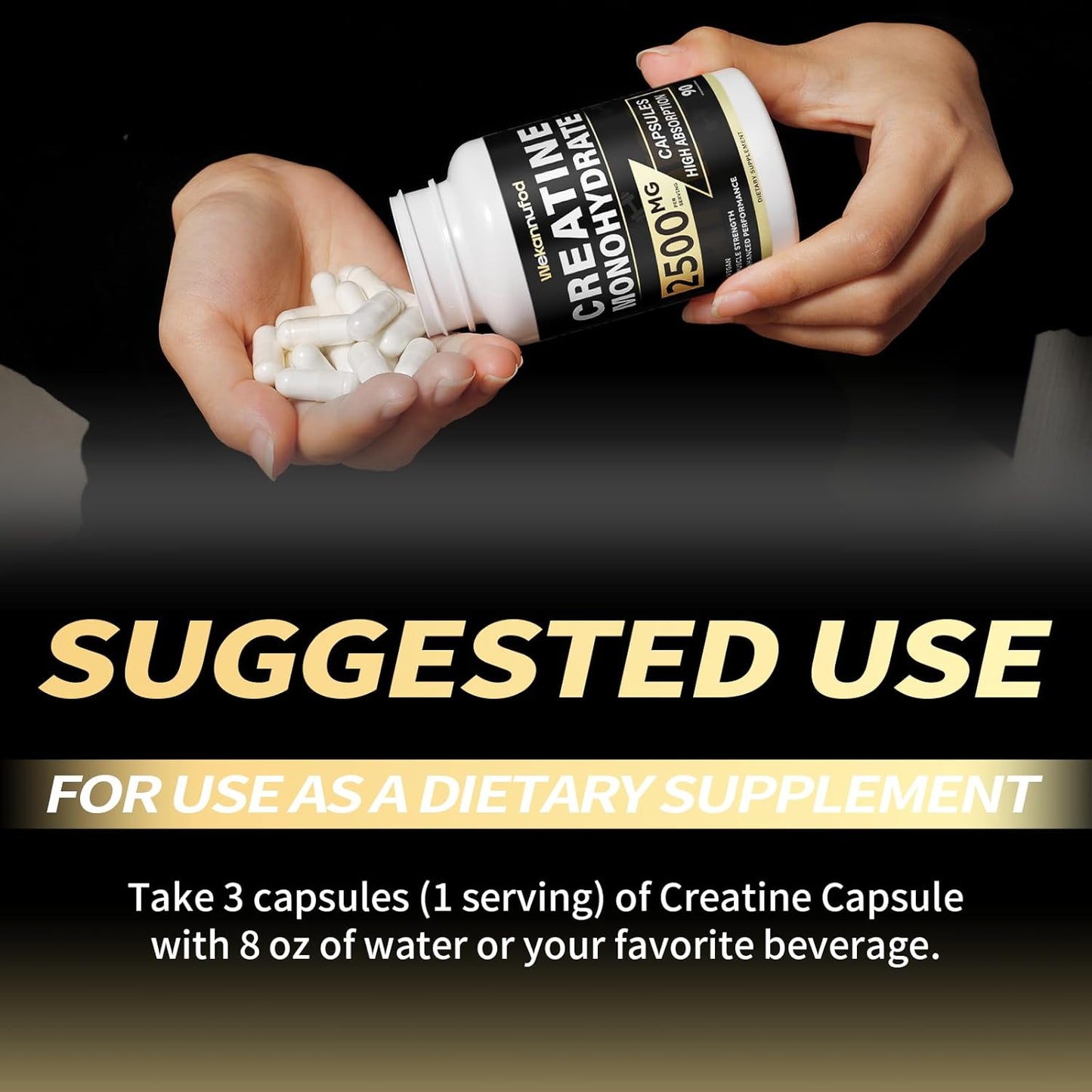 Creatine Monohydrate 2500mg, 90 Capsules - Gluten Free, Non-GMO