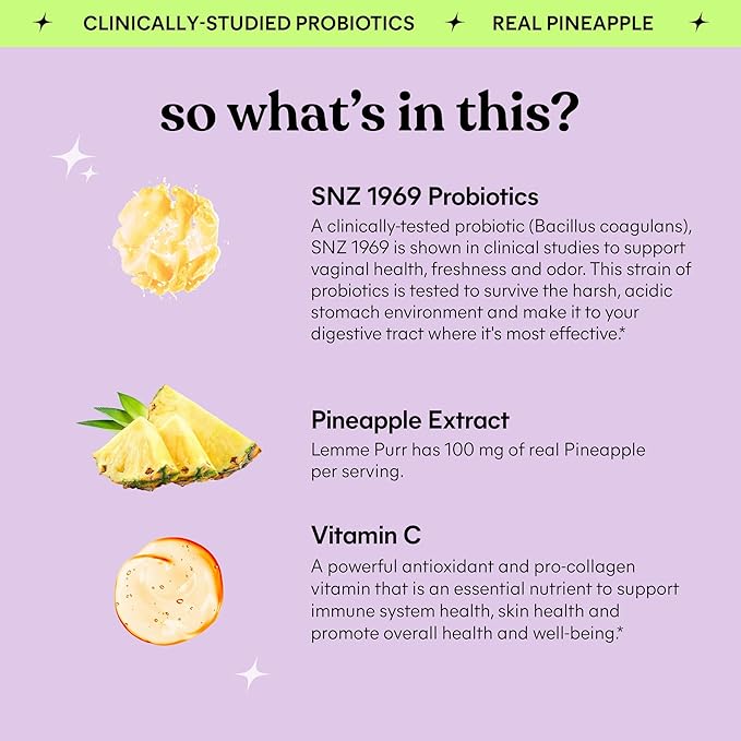 Lemme Purr Vaginal Probiotic Gummies for Women - Balanced pH, Healthy Odor, Yeast Balance & Flora Support + Vitamin C for Immune Health - Tasty Pineapple (60 Count) (Pack of 2)
