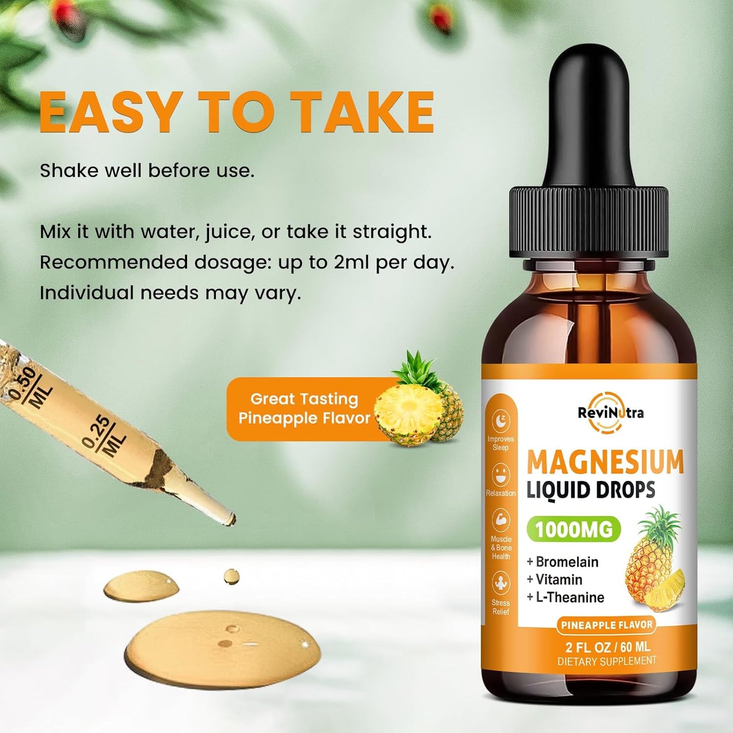 2 Pack Magnesium Glycinate Liquid Drops, 1000mg of Liquid Magnesium Complex Drops for Sleep, Nerve, Energy, Muscle, Bone, Calm & Digestion, High Absorption, 2 Fl Oz, Pineapple Flavor