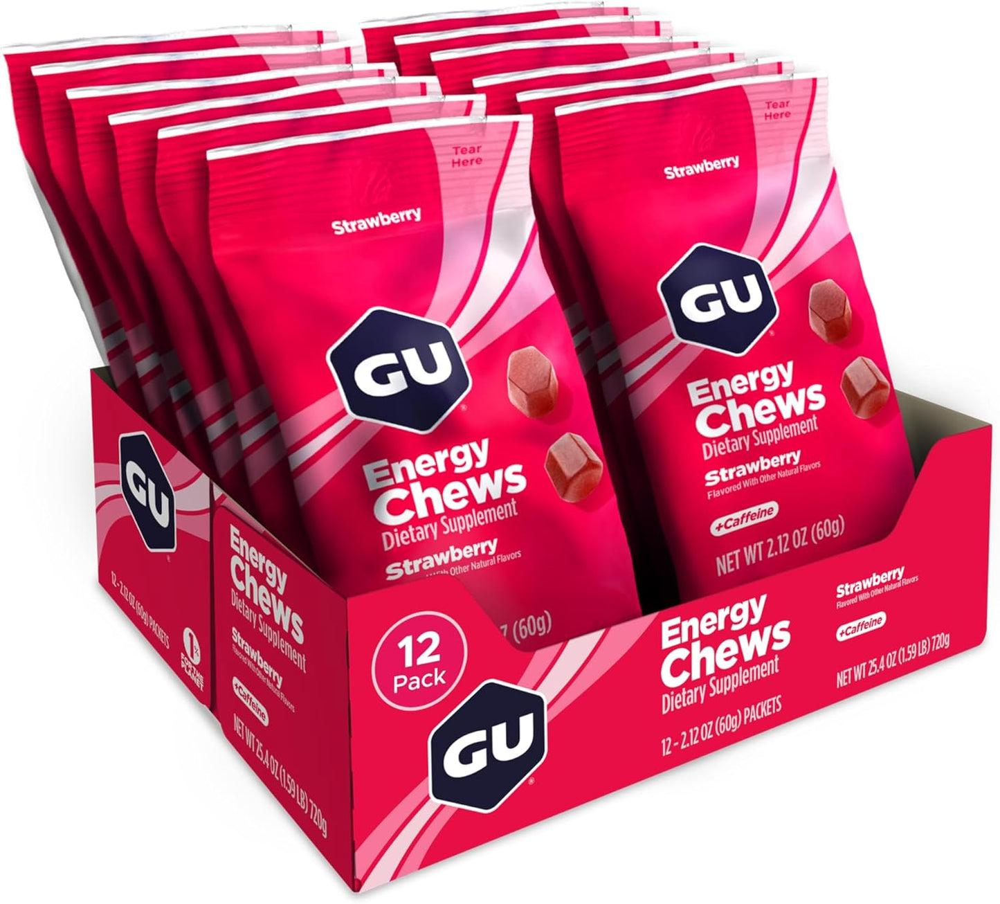 GU Energy Chews, Strawberry Energy Gummies with Electrolytes, Vegan, Gluten-Free, Kosher, 20 mg of Caffeine, and Dairy-Free On-the-Go Energy for Any Workout, 12 Bags (24 Servings Total)