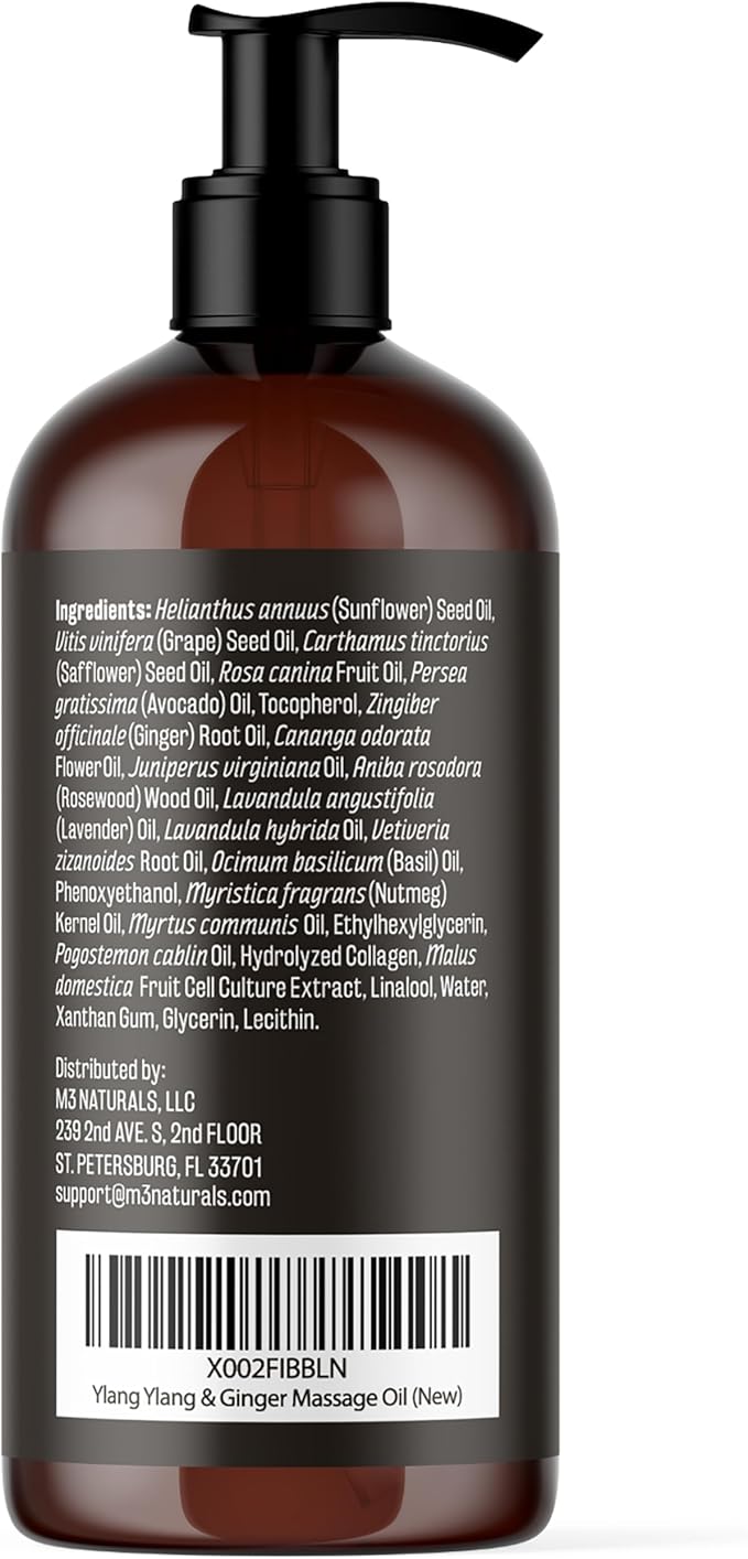 Ylang Ylang + Ginger Lymphatic Drainage Massage Oil – with Collagen & Stem Cells for Circulation, Detox & Cellulite Removal – Body Oil for Muscle Relief, Skin Firming & Relaxation – 8oz by M3