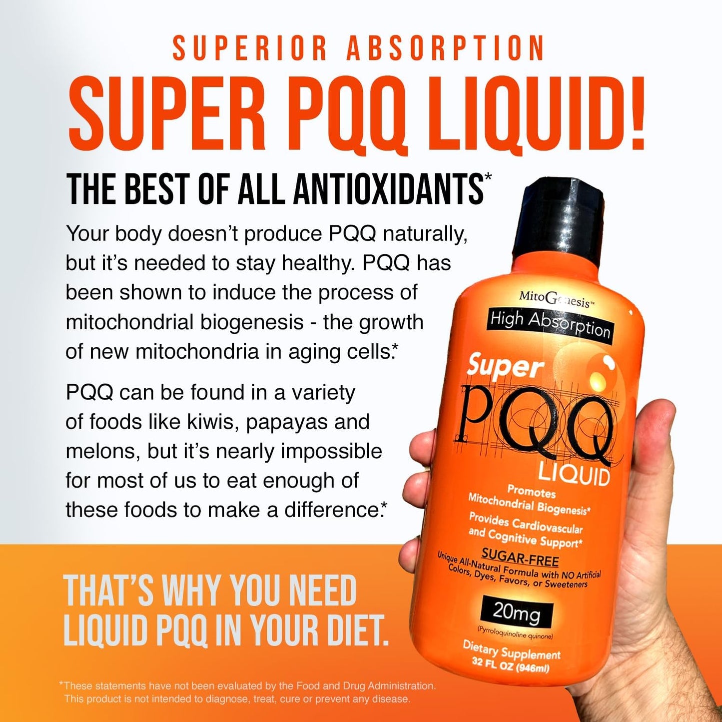 Mitogenesis - Super PQQ Liquid - Highly Absorbable Pyrroloquinoline Quinone 20 Milligram, Best Liquid PQQ for Mitochondrial Biogenesis, Supports Heart Health, Cognitive Function and Mental Focus