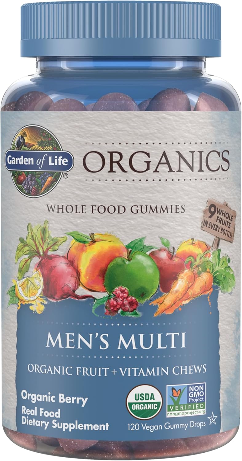 Garden of Life Organics Men's Gummy Vitamins - Berry - Certified Organic, Non-GMO, Vegan, Kosher Complete Multi - Methyl B12, C & D3 - Gluten, Soy & Dairy Free, 120 Real Fruit Chew Gummies