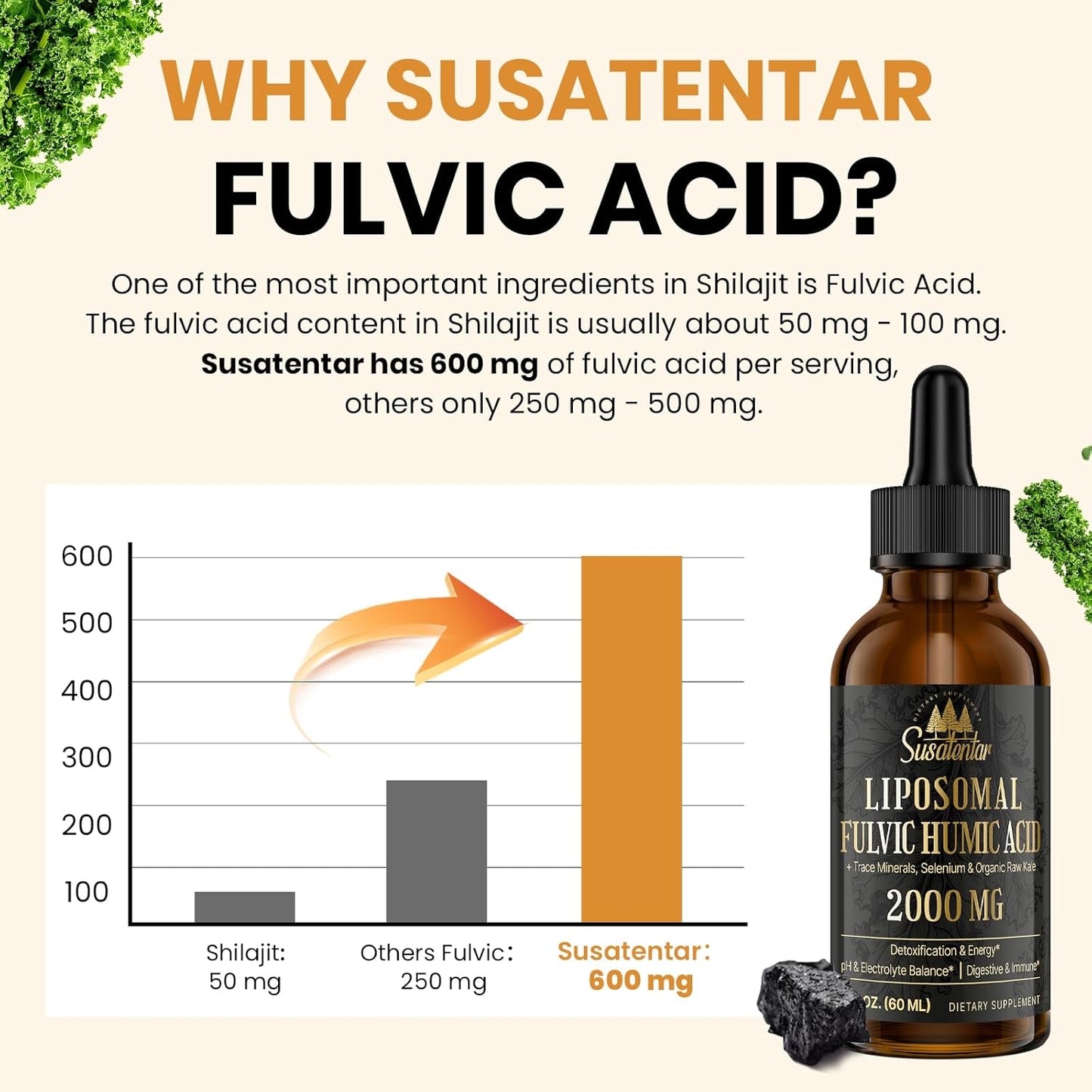 2000 MG Liposomal Fulvic Acid + Humic Acid + Trace Minerals Complex - More Potent Than Shilajit, Electrolytes Liquid Supplement with Organic Kale for Energy, Digestion, Immunity & pH Balance, 4 Oz