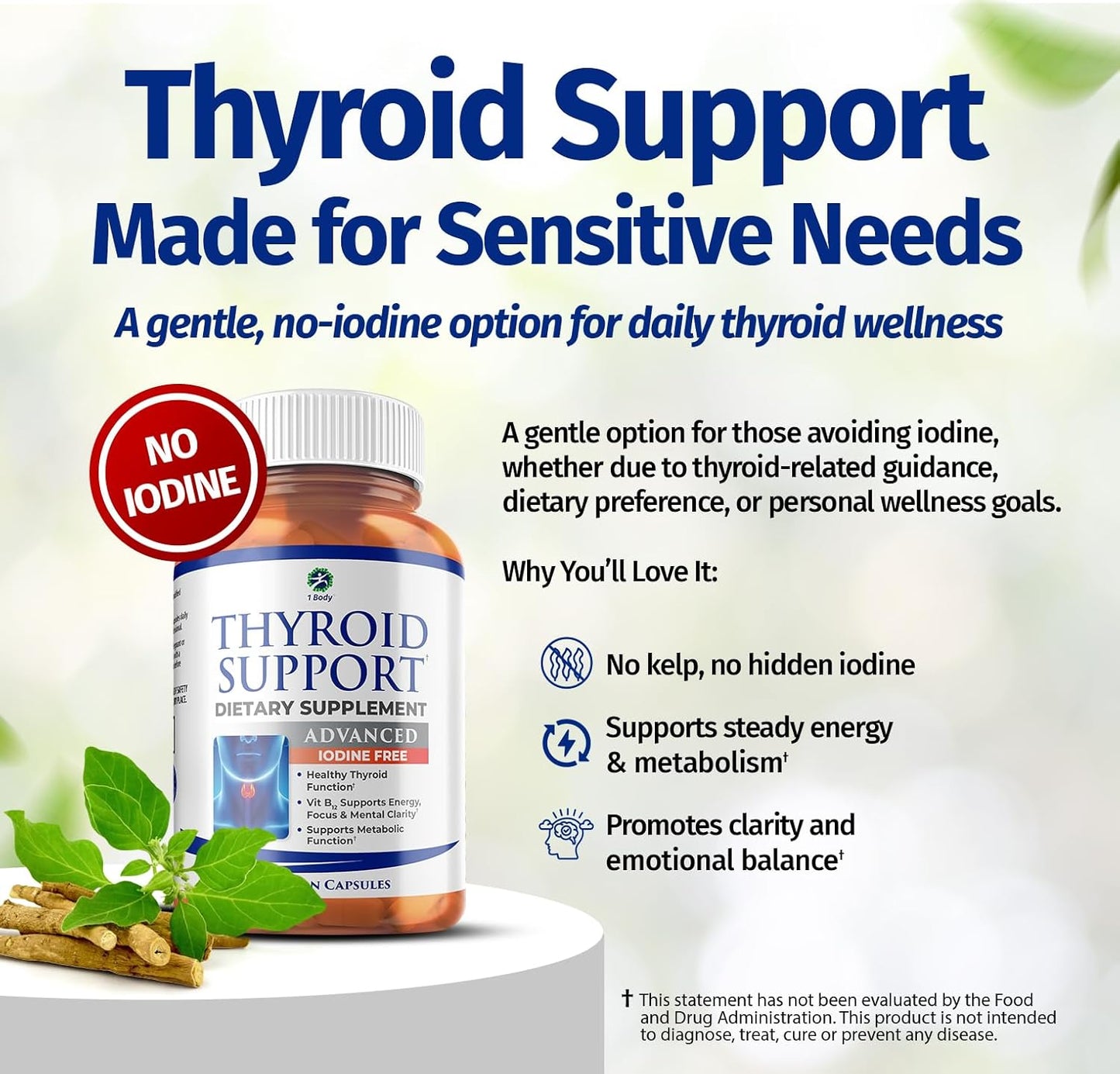 1 Body Thyroid Support Supplement, Iodine-Free, Vegan, with L-Tyrosine and Ashwagandha, 60 Capsules