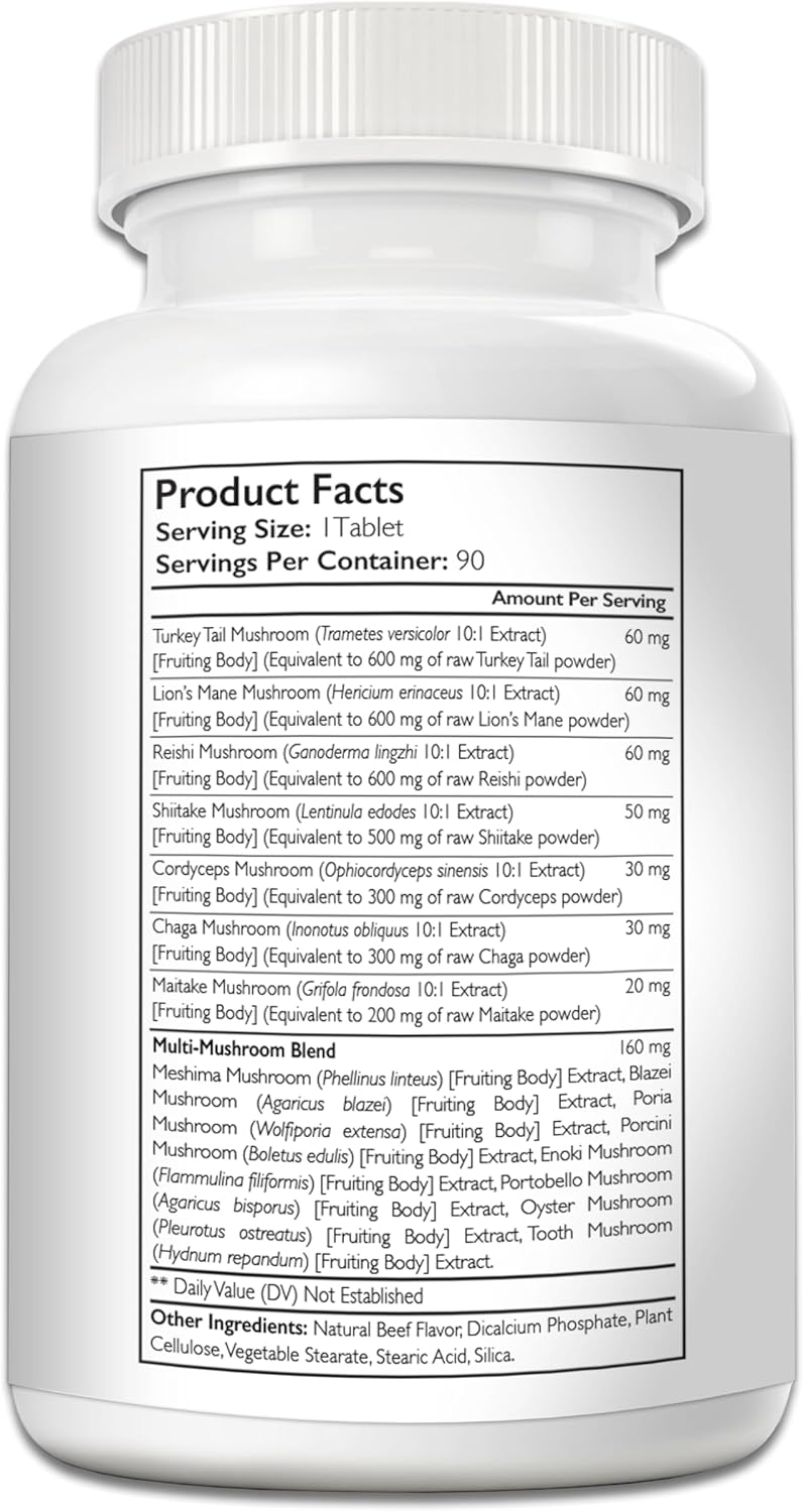 15-in-1 Mushrooms for Dogs Turkey Tail 600mg Lion's Mane 600mg Reishi 600mg Shiitake 500mg Cordyceps 300mg Chaga 300mg Maitake 200mg Meshima Blazei Poria Enoki Portobello 90 Tablets