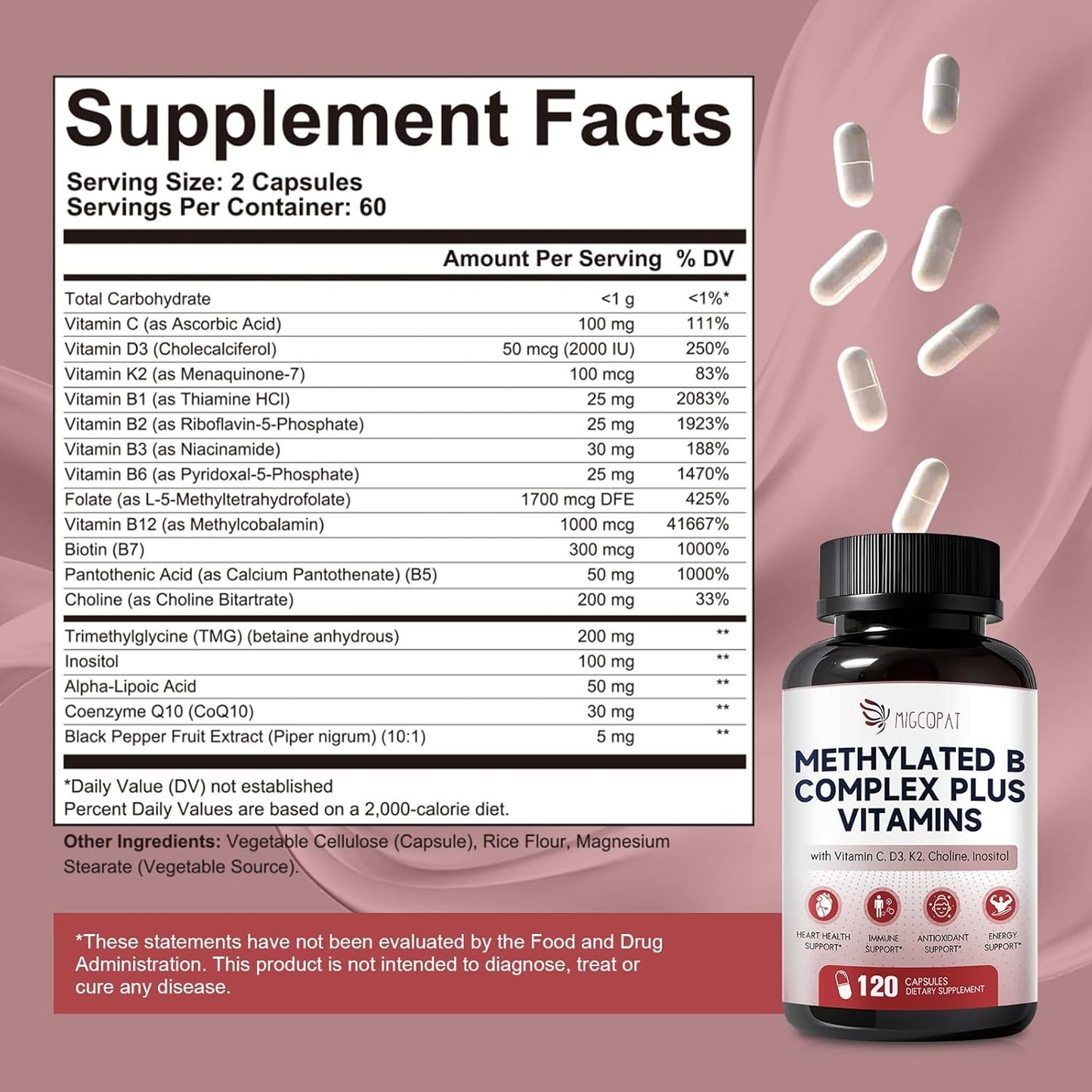 16-in-1 Methylated Multivitamin Plus, Methylated B Complex with Vitamin B12 & Methylfolate, B1-B7, CoQ10 & Alpha Lipoic Acid, Vitamin B Complex for Energy, Brain, Heart, Immunity &Antioxidant,120 Caps