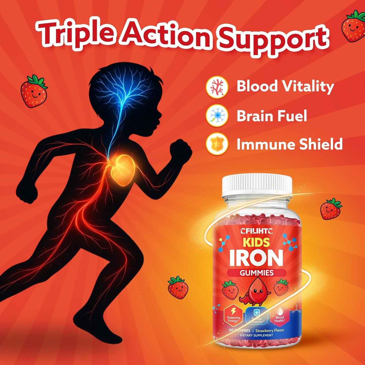 2PCS Iron Gummies for Kids & Teens, Kids Multivitamin with Iron Supplement, Calcium, Folate, Zinc, Prebiotic - for Blood Builder & Energy Support, Iron Deficiency - Vegan & Non-GMO - 120 Count