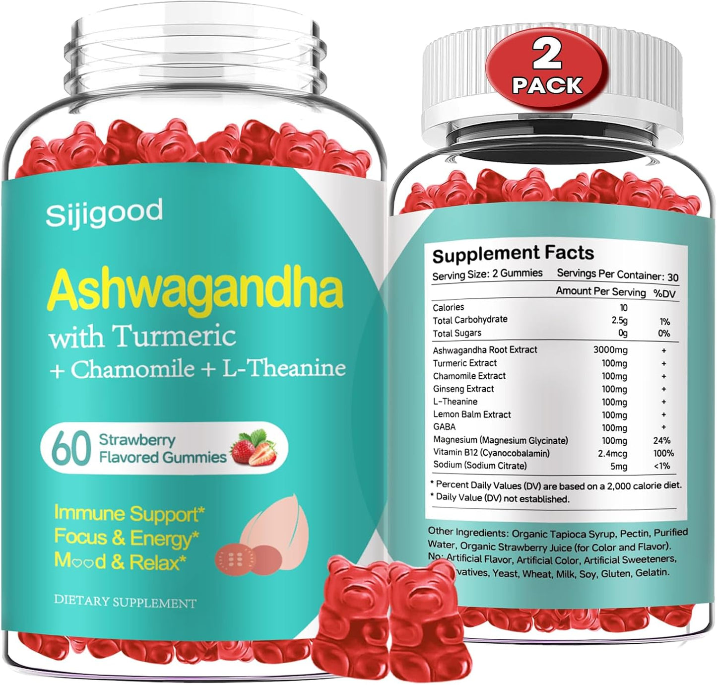 2 Pack Ashwagandha Gummies with L-theanine, Ashwa Root Supplement Gummy for Women Men, 120 Strawberry Flavored Gummies