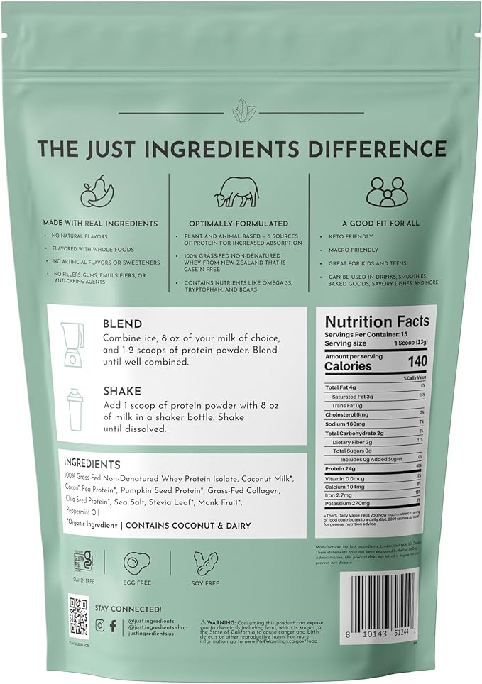 Mint Chocolate Protein Powder | 15 Servings | 24g Grass-Fed New Zealand Whey + 4 Additional Protein Sources | No Added Sugar | Naturally Sweetened | No Gums or Fillers | Casein-Free Blend