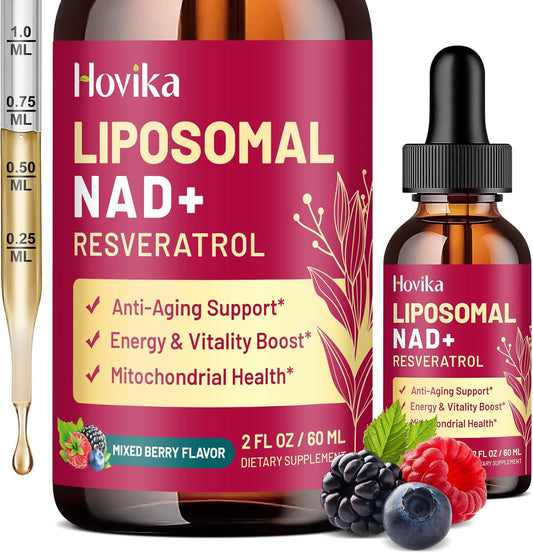 Liposomal NAD Supplement - 1200mg NAD+ Liquid Drops for Women & Men with Resveratrol, Black Pepper Extract - Support Anti-Aging, Brain & Cellular Mitochondrial Health - 2 Fl Oz Mixed Berry Flavor