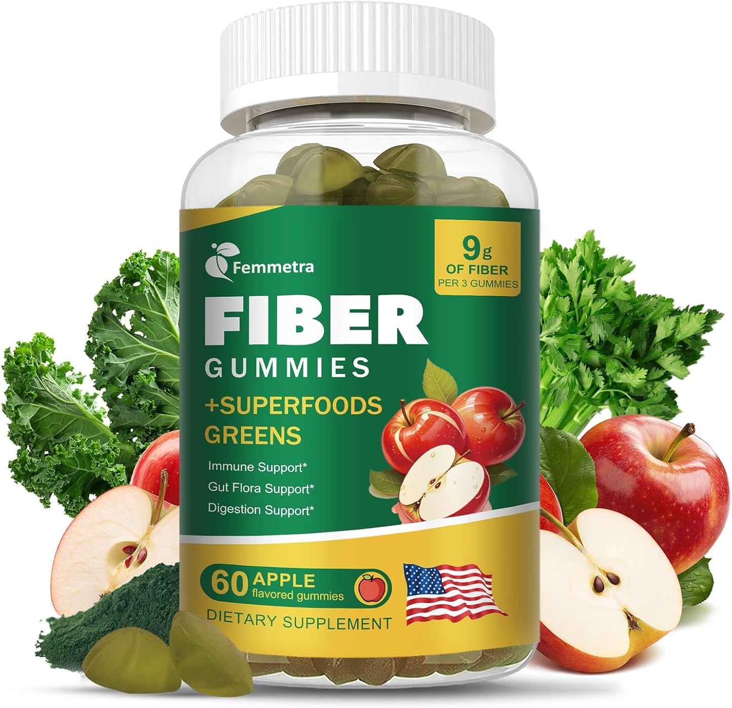 13-in-1 Fiber Gummies for Adults, Fiber Supplement for Digestive Health, Gut & Immunity, Prebiotic Fiber with Greens Blend & ACV - Non-GMO, Sugar Free – 60 Vegan Gummies, Apple Flavor