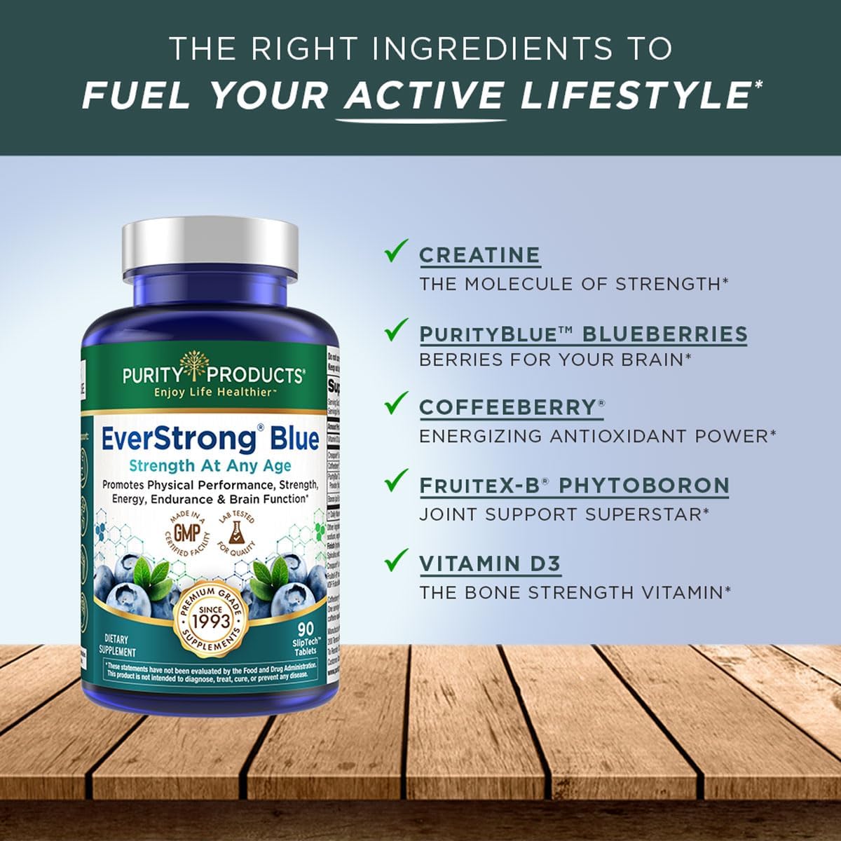 Purity Products EverStrong Blue Strength Building + Brain Boosting w/Muscle Matrix Blend ft. Creatine Monohydrate + More, PurityBlue Organic Blueberry Complex, 1000 IU Vitamin D3-90 Tablets