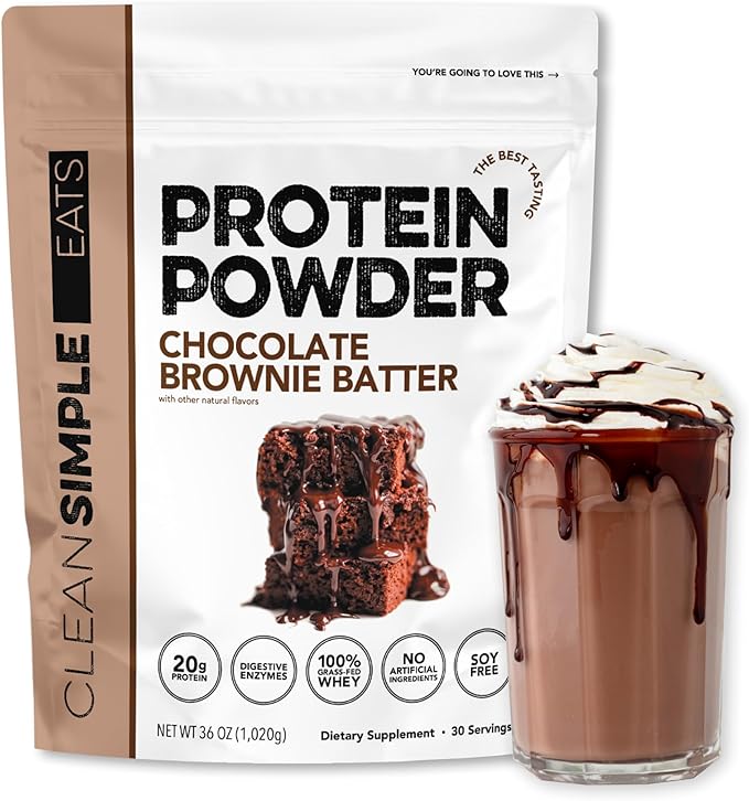 Clean Simple Eats Whey Protein Powder, Chocolate Brownie Batter Flavor Naturally Sweetened, 100% Grass Fed Protein Powder with Digestive Enzymes & No Artificial Ingredients, Gluten Free, 30 Servings