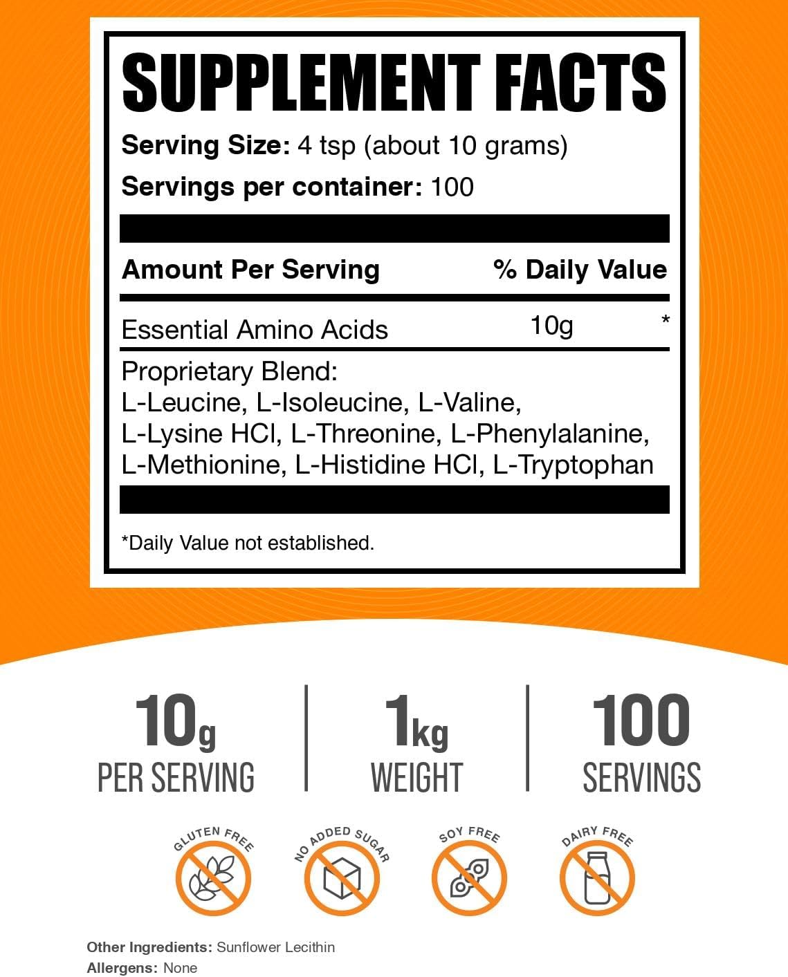 BulkSupplements.com Essential Amino Acids Powder - Essential Amino Acids Supplement, EAA Powder - Unflavored & Gluten Free, 10g per Serving, 1kg (Pack of 5) (11 lbs)