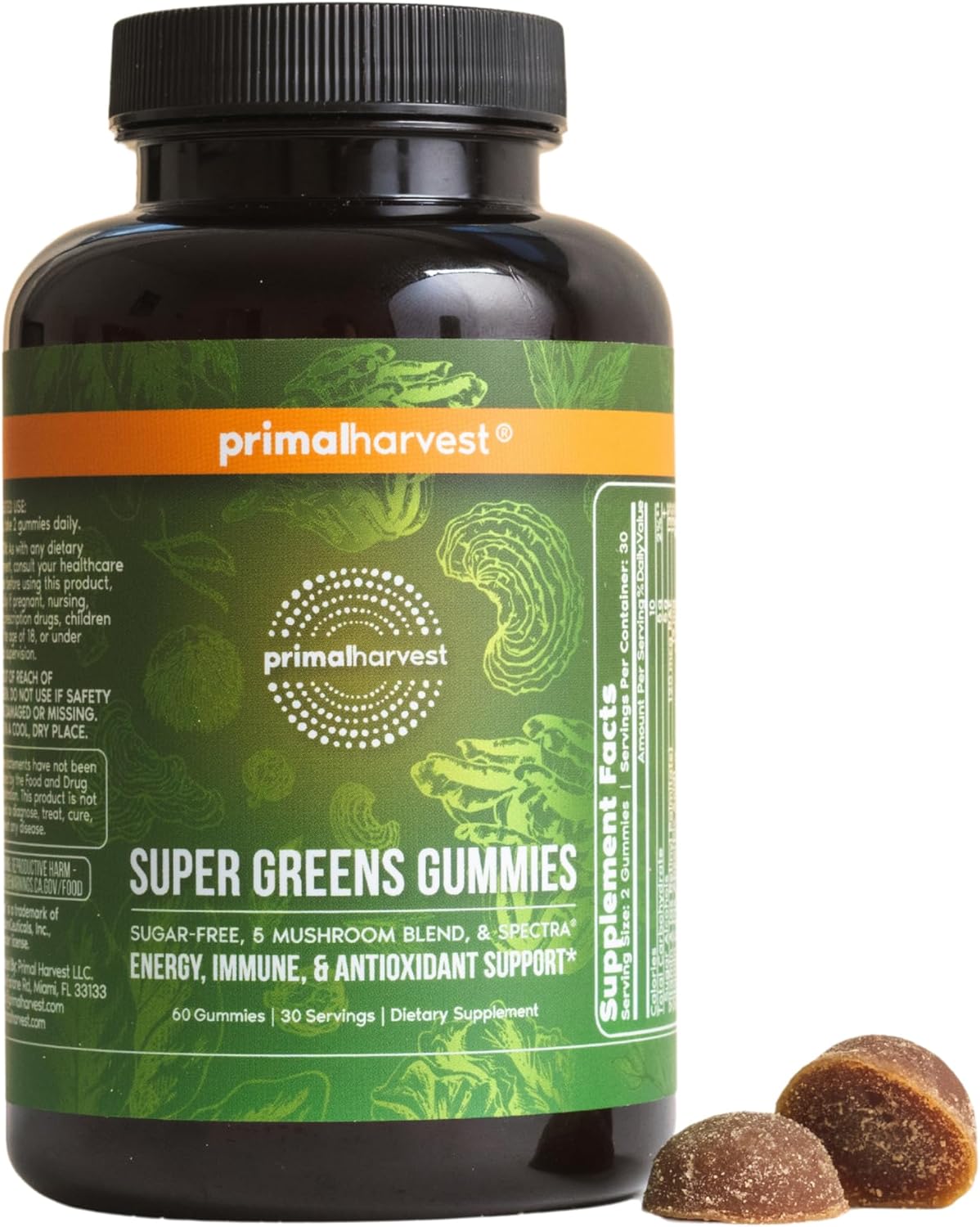 Primal Harvest Super Greens Gummies, Superfood Blend with Adaptogenic Mushrooms Vitamins & Nutrient-Rich Minerals & Antioxidants for Energy & Immune Support (1 Pack (60 Count), Berry)