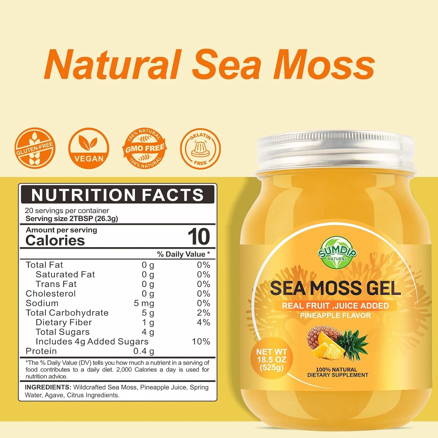 18.5OZ Sea Moss Gel, Raw Flavored Irish Seamoss Gel Immune and Digestive Support Vitamin Mineral Supplements, Pineapple