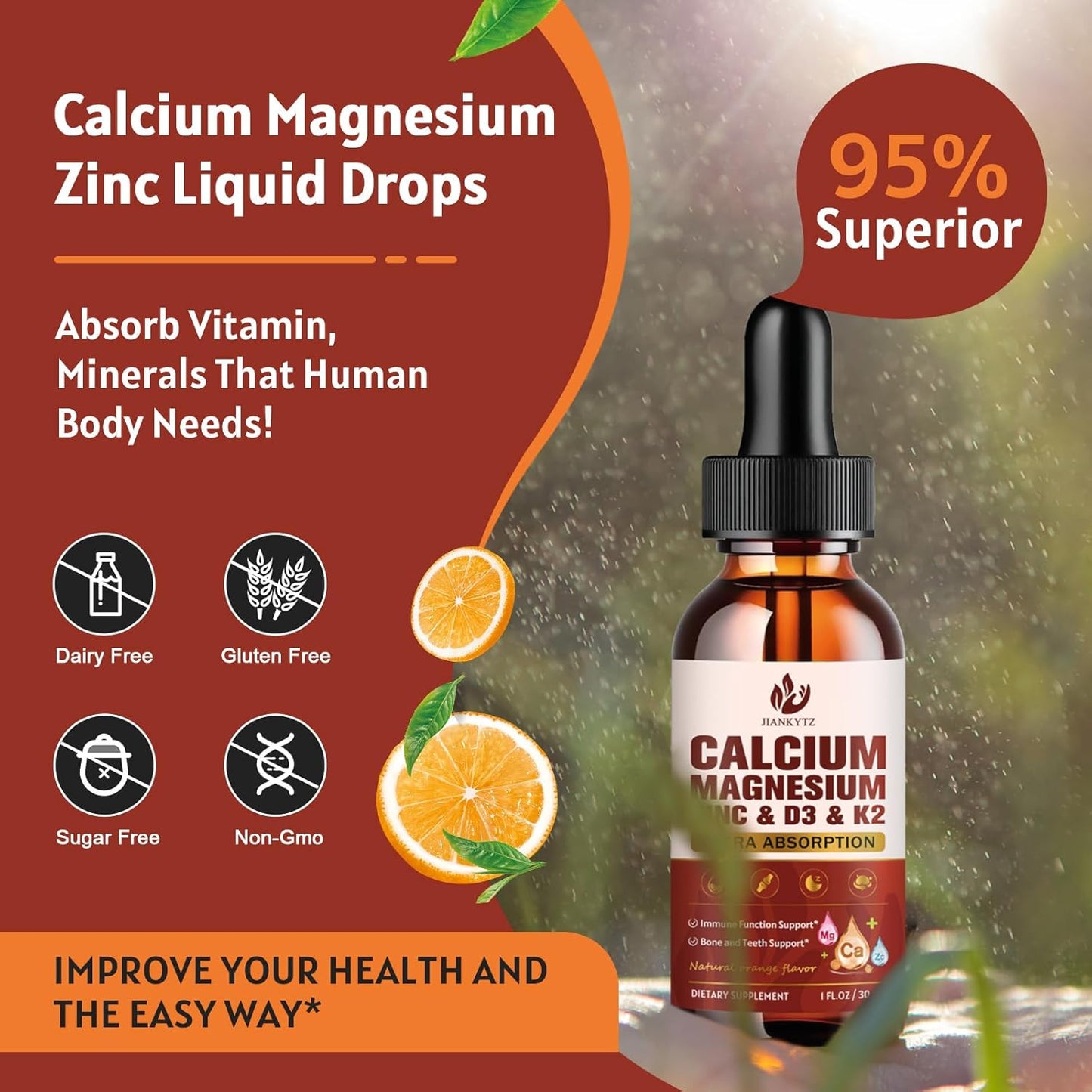 (2 Pack) Calcium Magnesium Zinc Liquid Drops for Women and Men - Bone & Teeth, Immune Support, Calcium Citrate 1200mg with Vitamin D3 Liquid Drops for Adults, Sugar Free, Vegan, Orange Flavor