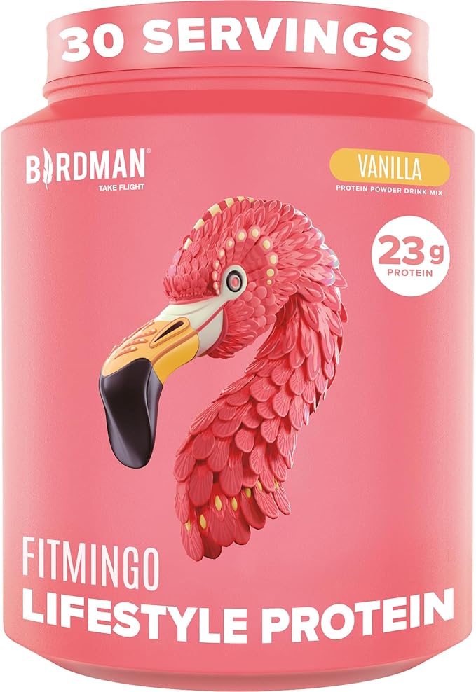 BIRDMAN Fitmingo Vegan Protein Powder with Inositol, Collagen Boosters, Hyaluronic Acid and Vitamins | Low Carb, Dairy Free, Lactose Free, Low Calorie | 23g Plant Based Vanilla Protein Powder