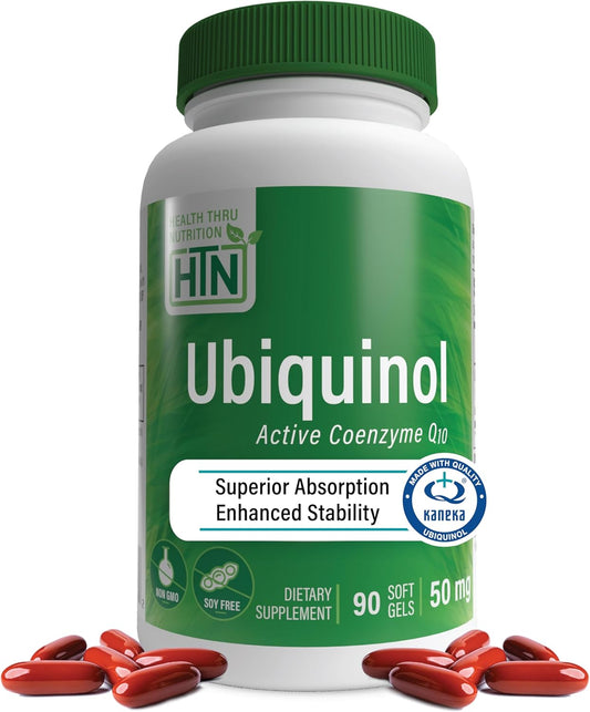 Health Thru Nutrition Ubiquinol 50mg 90 Softgels as Kaneka QH Reduced CoQ-10 | Stabilized - 3rd Party Tested | Enhanced Bioavailability | Cardiovascular & Mitochondria Function Support | Non-GMO