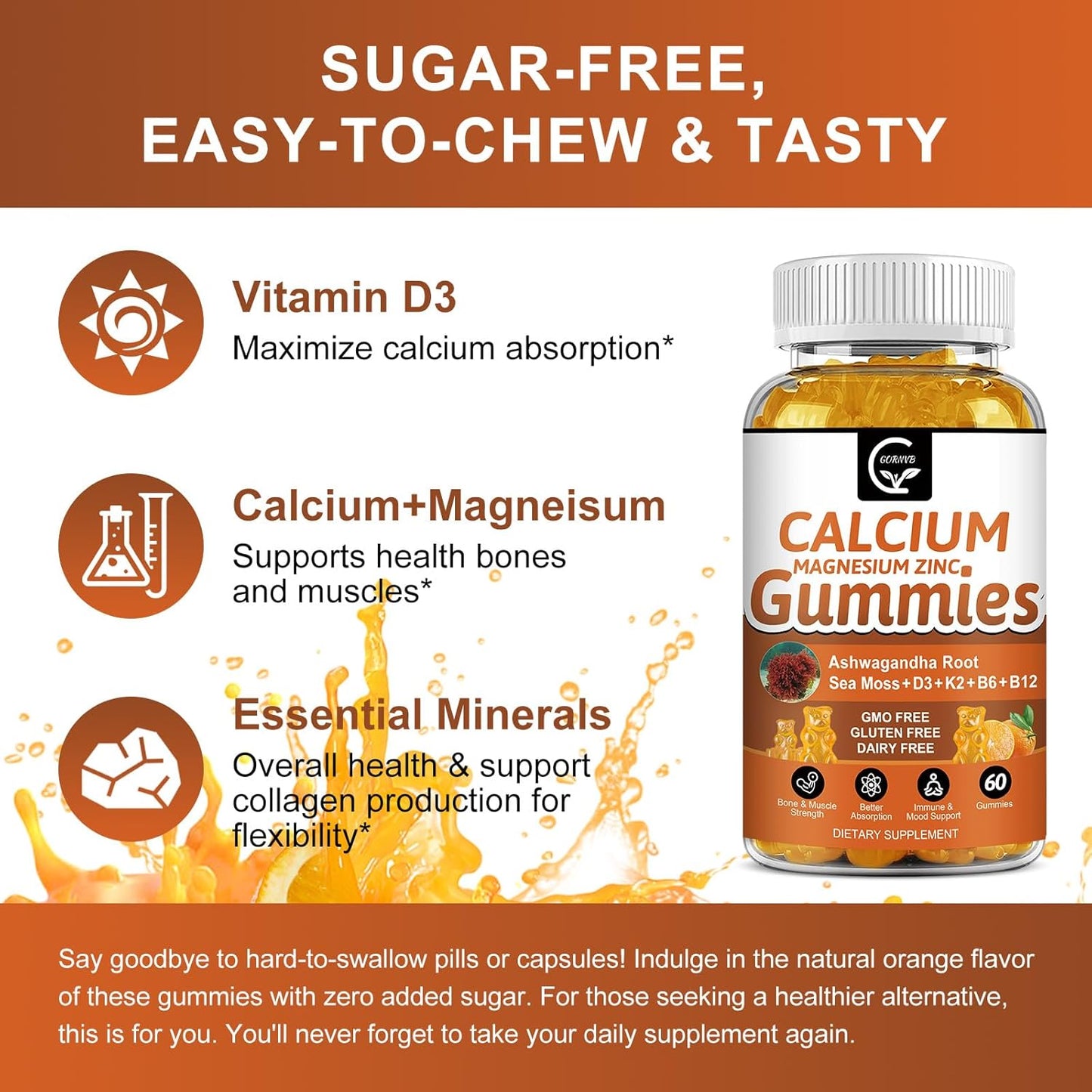 1200mg Calcium Gummies with Vitamin D3,K2,B12 & B6 - Plant Complex Calcium Magnesium Supplement with Glycinate,Potassium,Sea Moss,Ashwagandha Root for Bone & Teeth Strength, Muscle & Immune-2 Pack