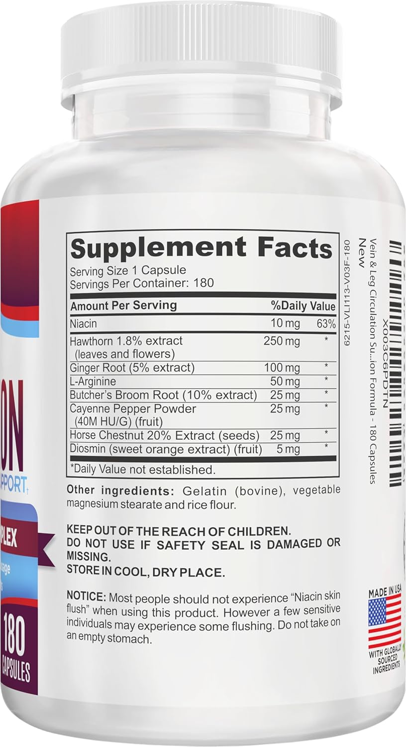 2-Month Vein & Leg Circulation Support Supplement (All-in-1) with 8 Active Ingredients | Leg & Vein Wellness Supplements | Daily Circulatory Formula | 60-Day Bulk Supply | 180 Capsules