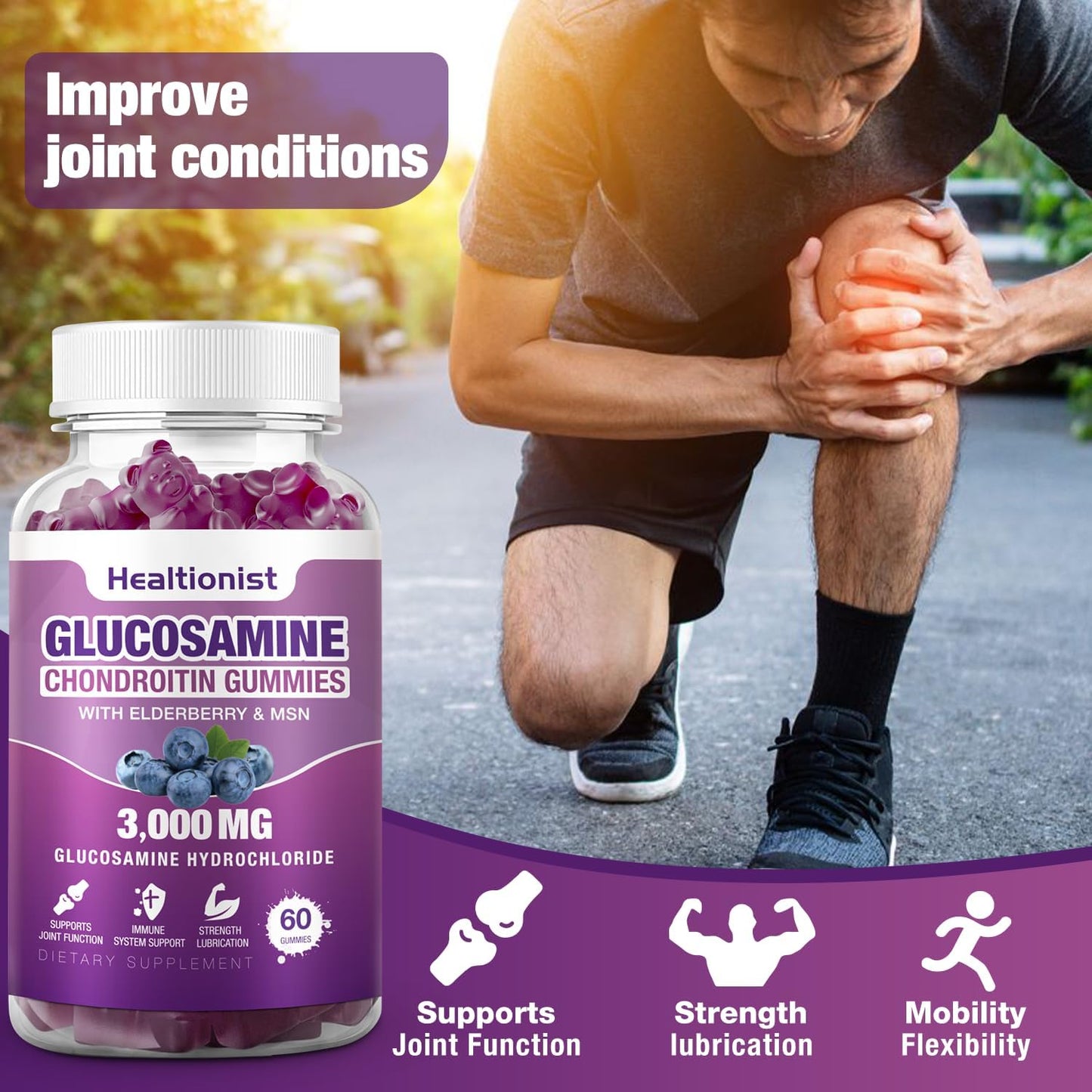 2 Packs 3000mg Glucosamine Chondroitin Gummies with MSM & Elderberry - Extra Strength Joint Health, Flexibility, Antioxidant Immune Support Supplement Gummy for Adults, Men & Women 120 Cts