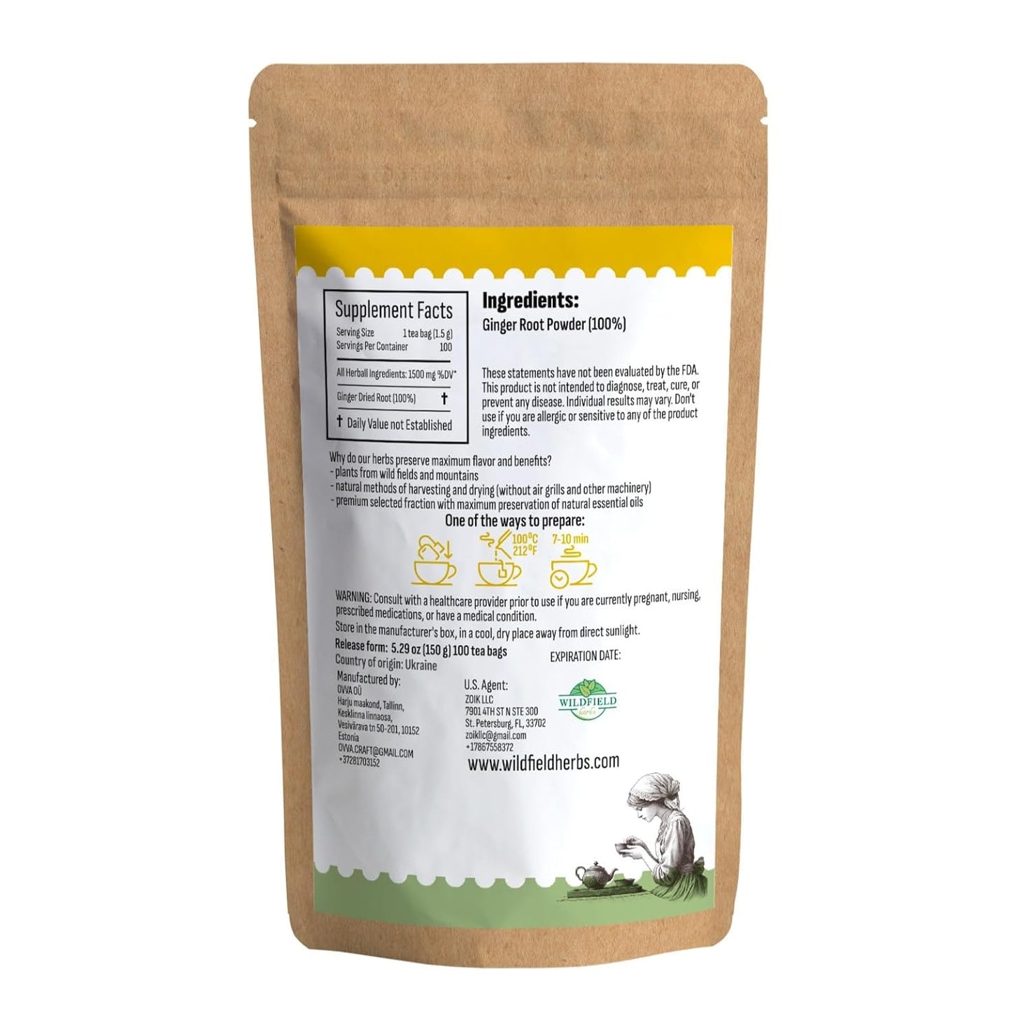 100 Bags Ginger Tea Ginger Root Tea Dry Dried Herb (Zingiber Officinale) - 100 Count 1.5g Bags Raíz De Jengibre