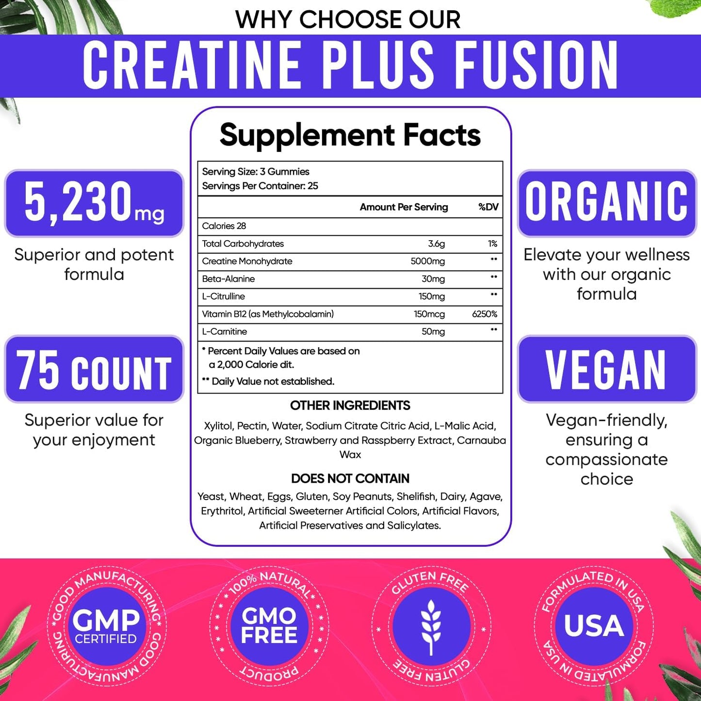 Adndale Creatine Monohydrate Gummies for Men & Women, 5000mg per Serving Creatine Supplement with Beta-Alanine, L-Citrulline & B12 - Supports Strength and Energy - 75 Vegan Gummies, Sugar-Free