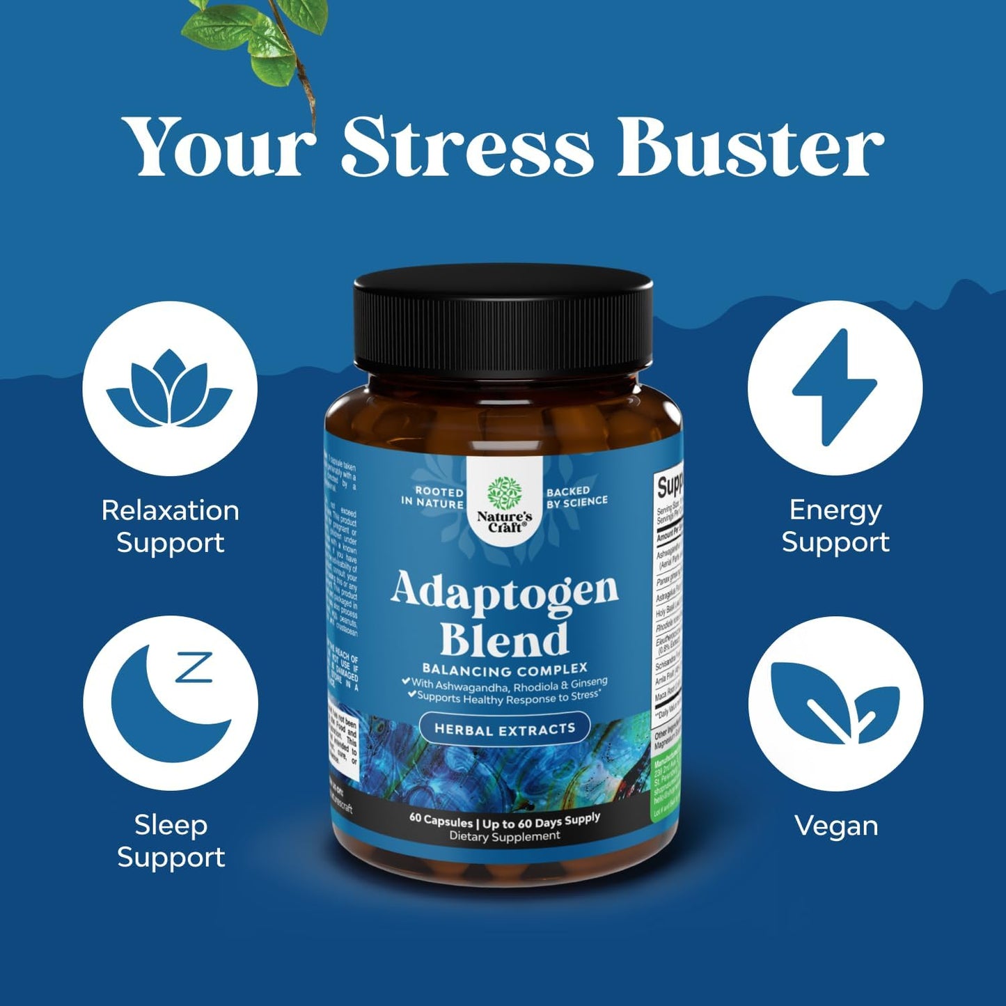 Herbal Adaptogen Mood Support Supplement - Calming Adaptogens Supplement for Stress & Cortisol Management with Ashwagandha Rhodiola Rosea & Maca Root - Vegan Non GMO & Daytime Friendly - 60ct