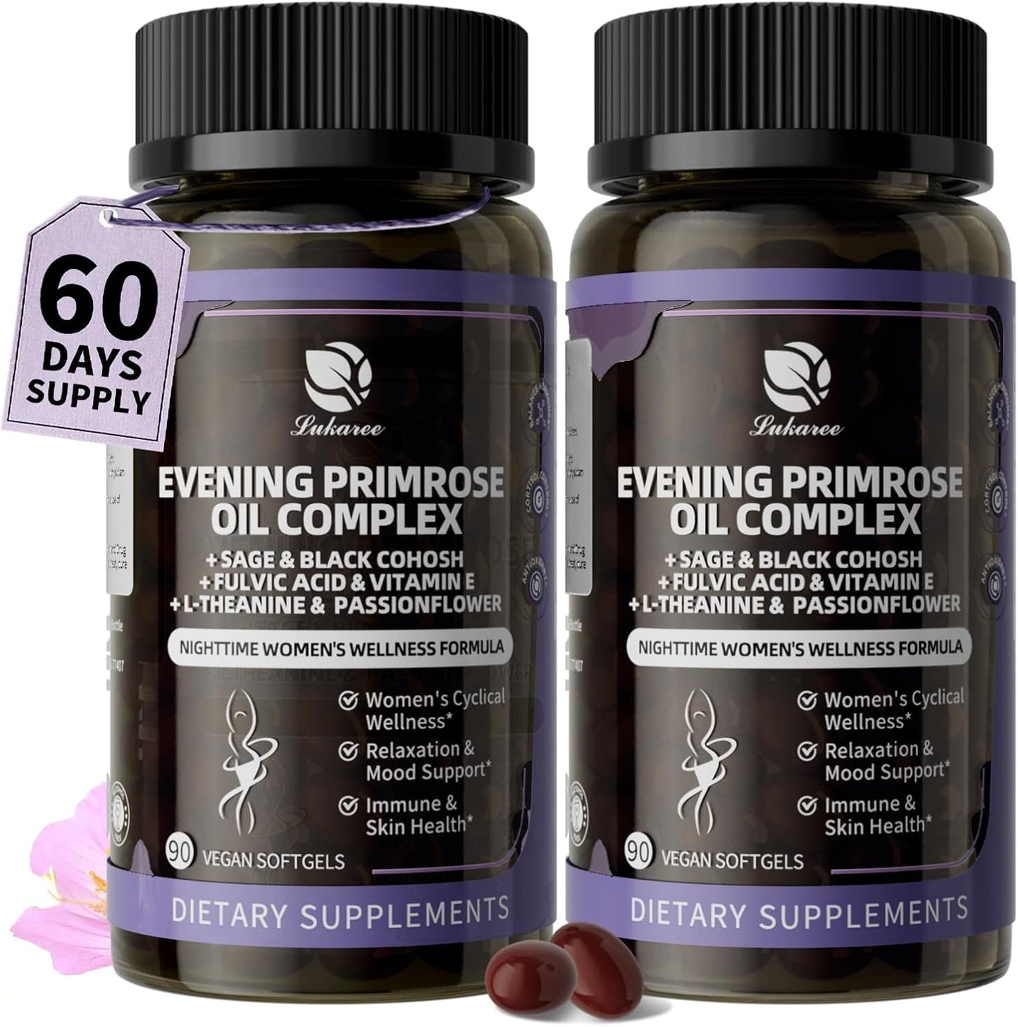 2 Pack Evening Primrose Oil Complex for Women – Hormone Wellness with Cold-Pressed EPO, 10% GLA, Sage, Fulvic Acid, L-Theanine – Cyclical Balance, Mood, Skin & Immune Health, 180 Softgels