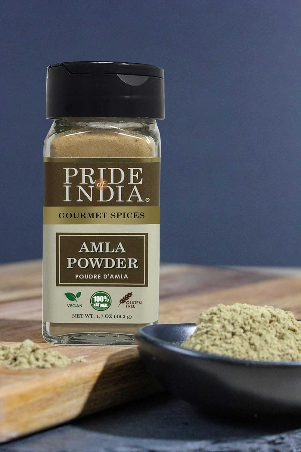 Pride of India – Amla Powder – Gourmet Spice – Tangy & Savory – Pure Indian Gooseberry Ground – Antioxidant Rich – GMO/Gluten Free – Easy to Use – 1.7 oz. Small Dual Sifter Bottle
