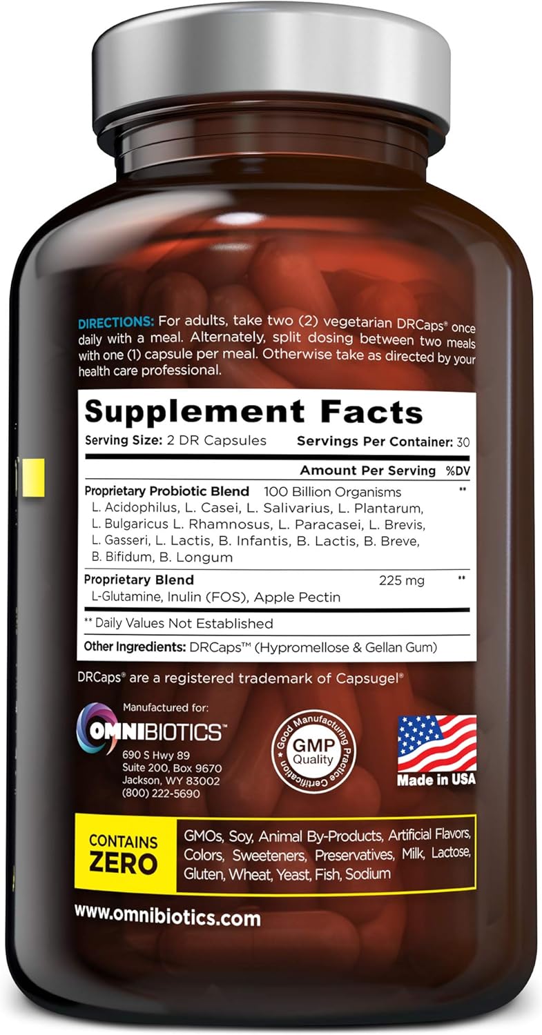 100 Billion Probiotics - 15-Strain Probiotic for Women & Men, DRCaps Delayed Release, Prebiotics, L-Glutamine, Apple Pectin, Gut Lining Support, Shelf Stable, Non-GMO, 60 Vegan Capsules for Adults