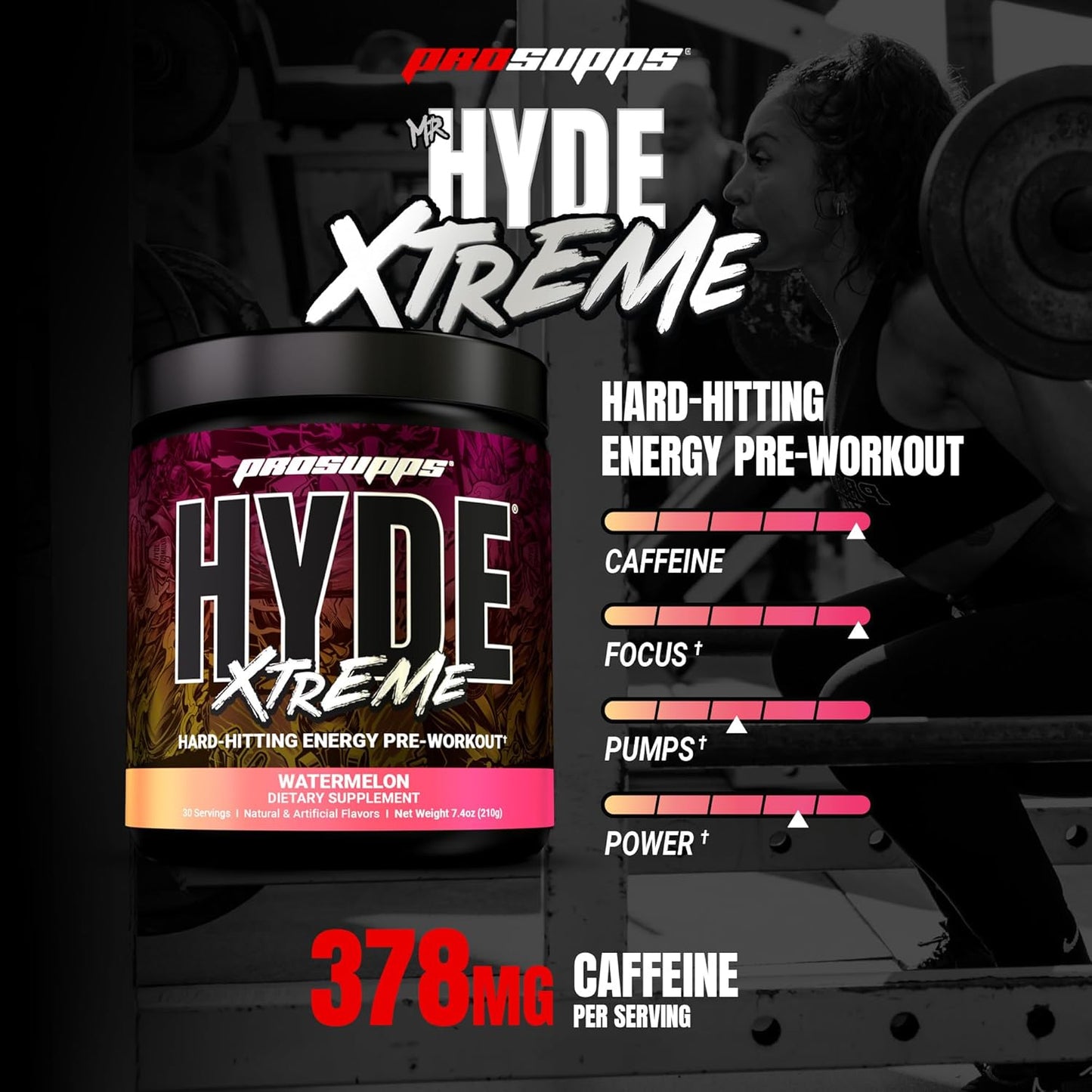 PROSUPPS Mr. Hyde Xtreme Pre Workout Powder with Creatine, Beta Alanine & Caffeine – Extreme Energy, Pumps, Focus & Performance - Fitness & Gym Supplements for Men & Women (Watermelon, 30 Servings)