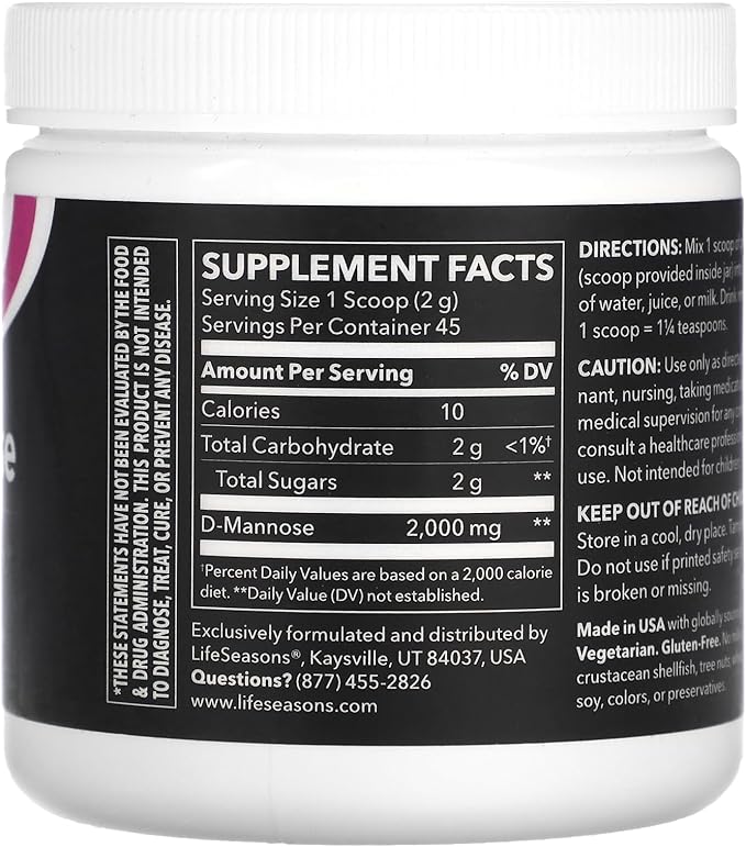 LifeSeasons D-Mannose Powder - Fast-Acting UTI Relief - Urinary Tract Health Supplement - Supports Healthy Levels of Microflora & Eases Bladder Discomfort - 45 Servings