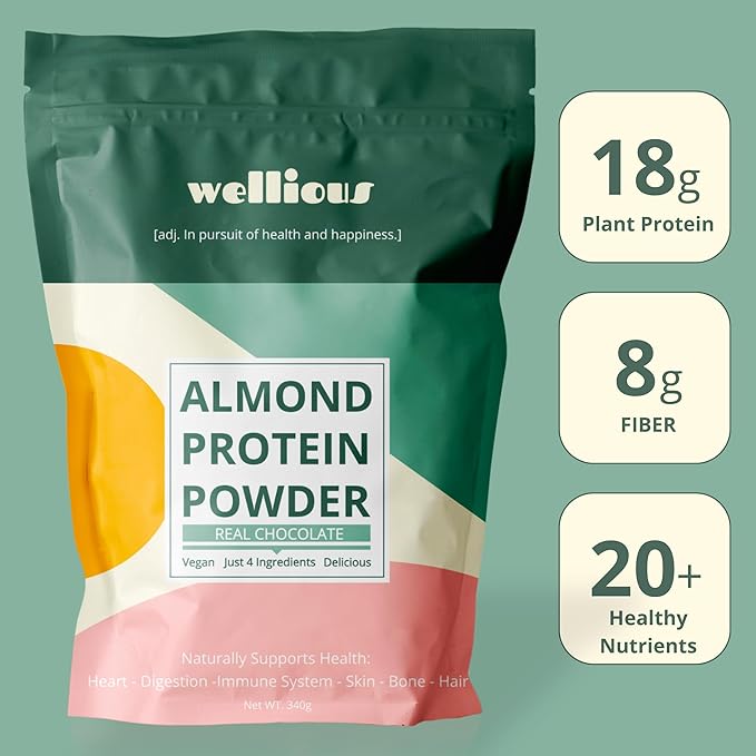 wellious Almond Protein Powder (Chocolate) - 18 Grams of Pure Healthiest Vegan Protein for Women & Men - Perfect Gluten-Free, Soy-Free & Smooth Gut Friendly Protein Powder for Sports Nutrition