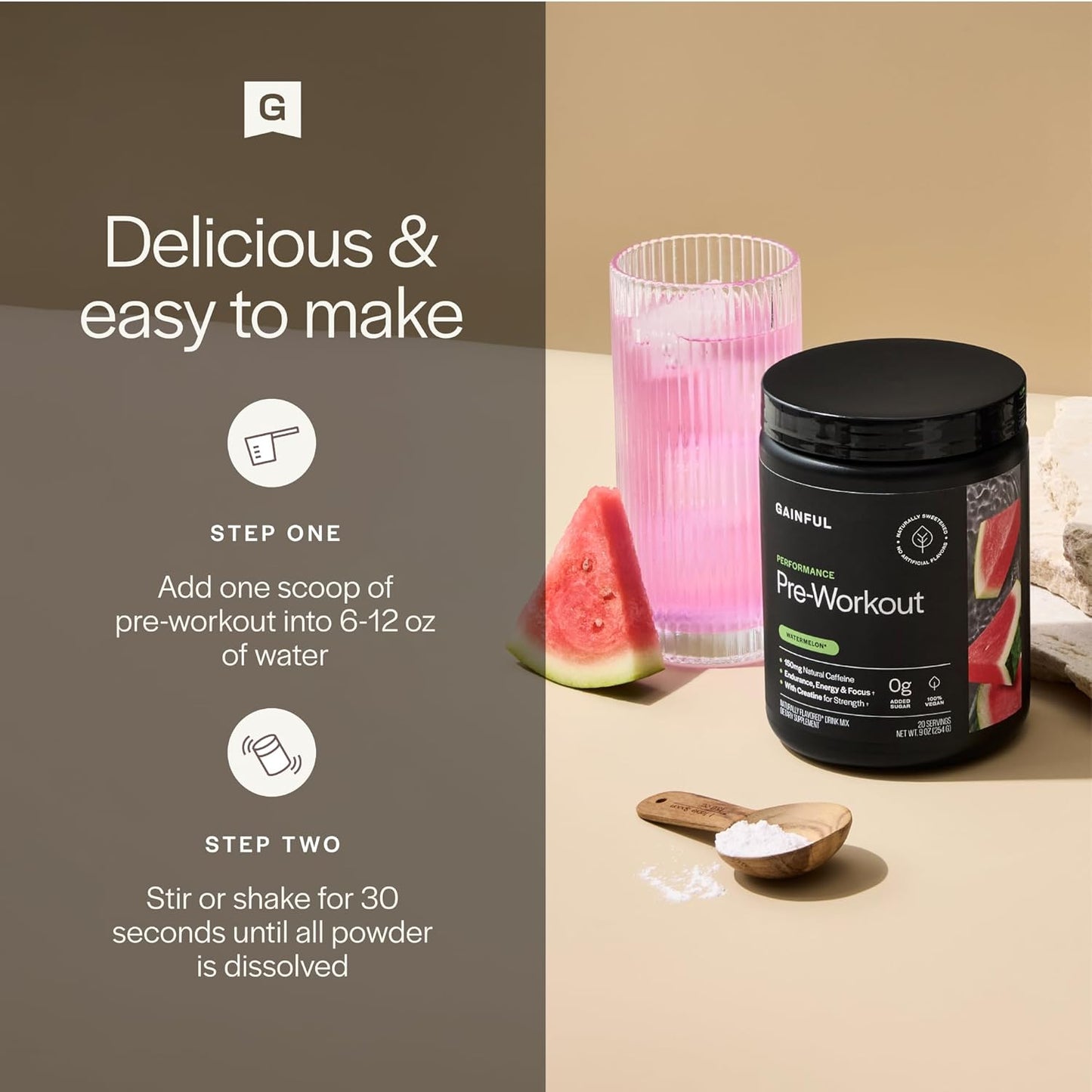 Gainful High Intensity Pre Workout Powder with 200mg Caffeine, 5g Creatine, Watermelon Flavor, Supports Energy, Strength, Endurance, & Recovery with BCAAs, Beta Alanine, L-Citrulline, 20 Servings