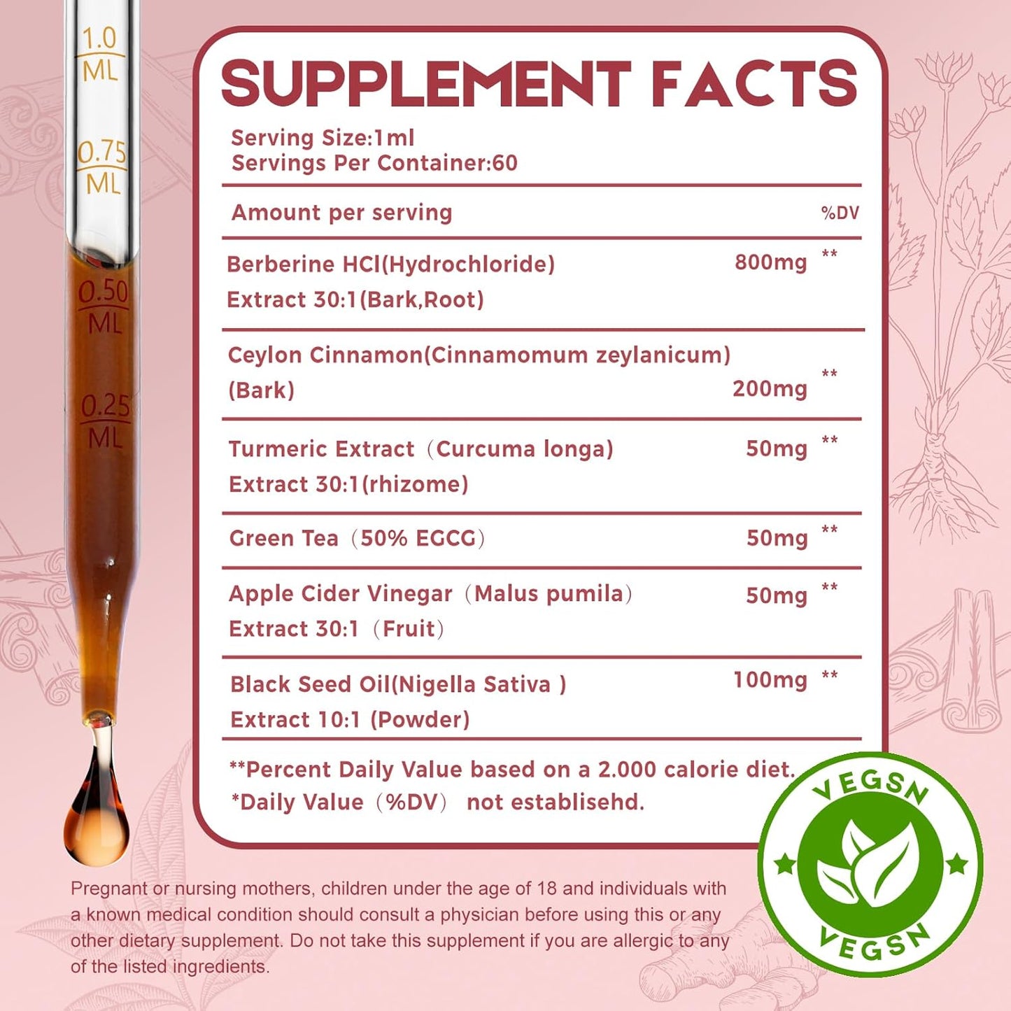 2 Pack Ceylon Cinnamon Berberine Bitter Liquid Drops Supplement with Turmeric,Green Tea,Apple Cider Vinegar,Black Seed Oil 4 FL OZ