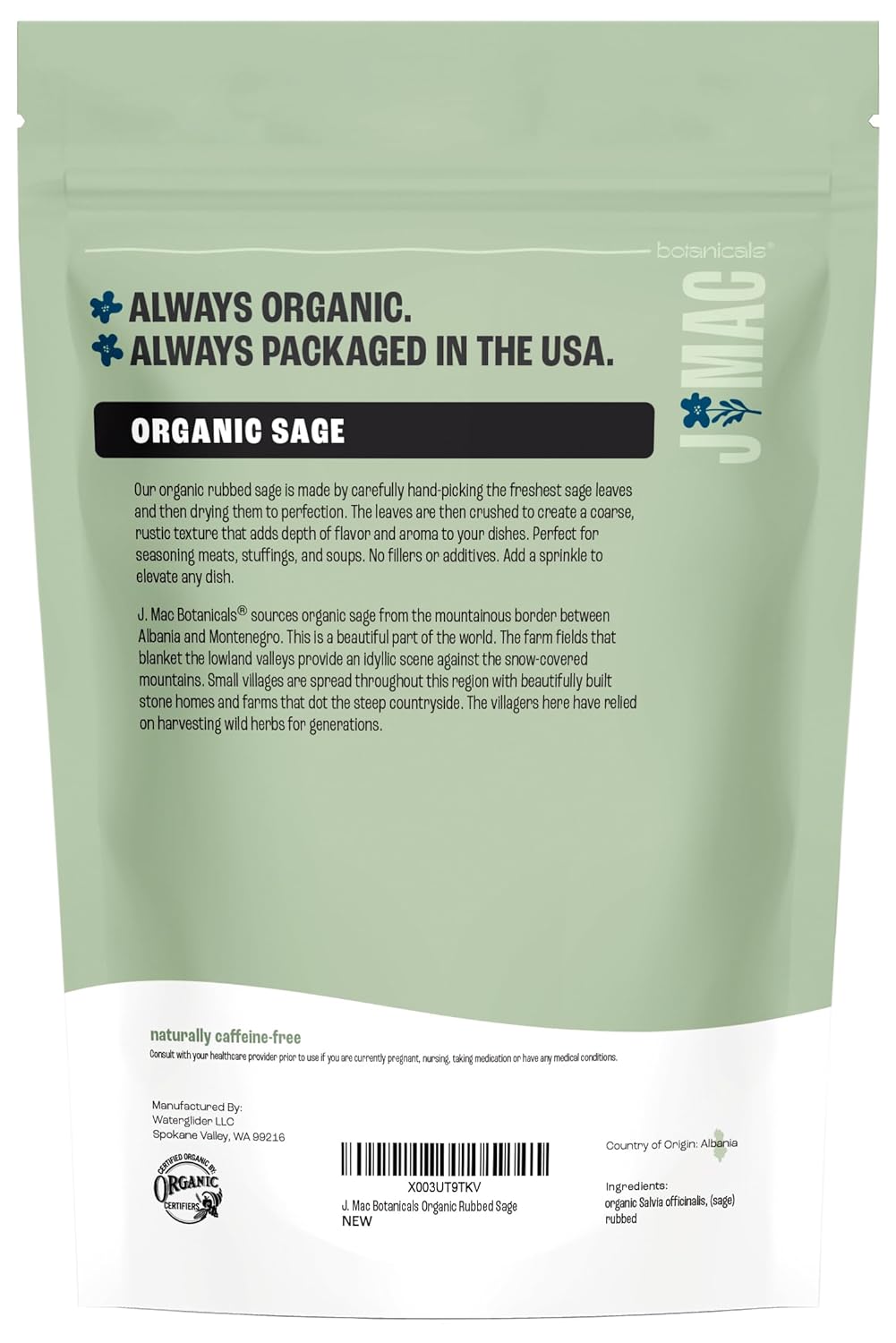 J Mac Botanicals, Organic Rubbed Sage (8 oz), Certified USDA Organic, Dried Rubbed Sage Leaf. Culinary Grade-excellent for sausage making, fresh Albanian harvest (Pack of 2)