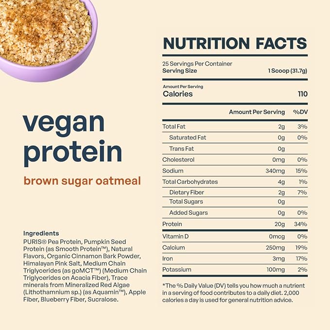 BE AMAZING Vegan Protein Powder, Brown Sugar Oatmeal, 20g Plant Based Protein with Prebiotic Fiber, Low Carb, Dairy and Gluten Free Shake Mix, No Added Sugar, 29.3 oz, 25 Servings