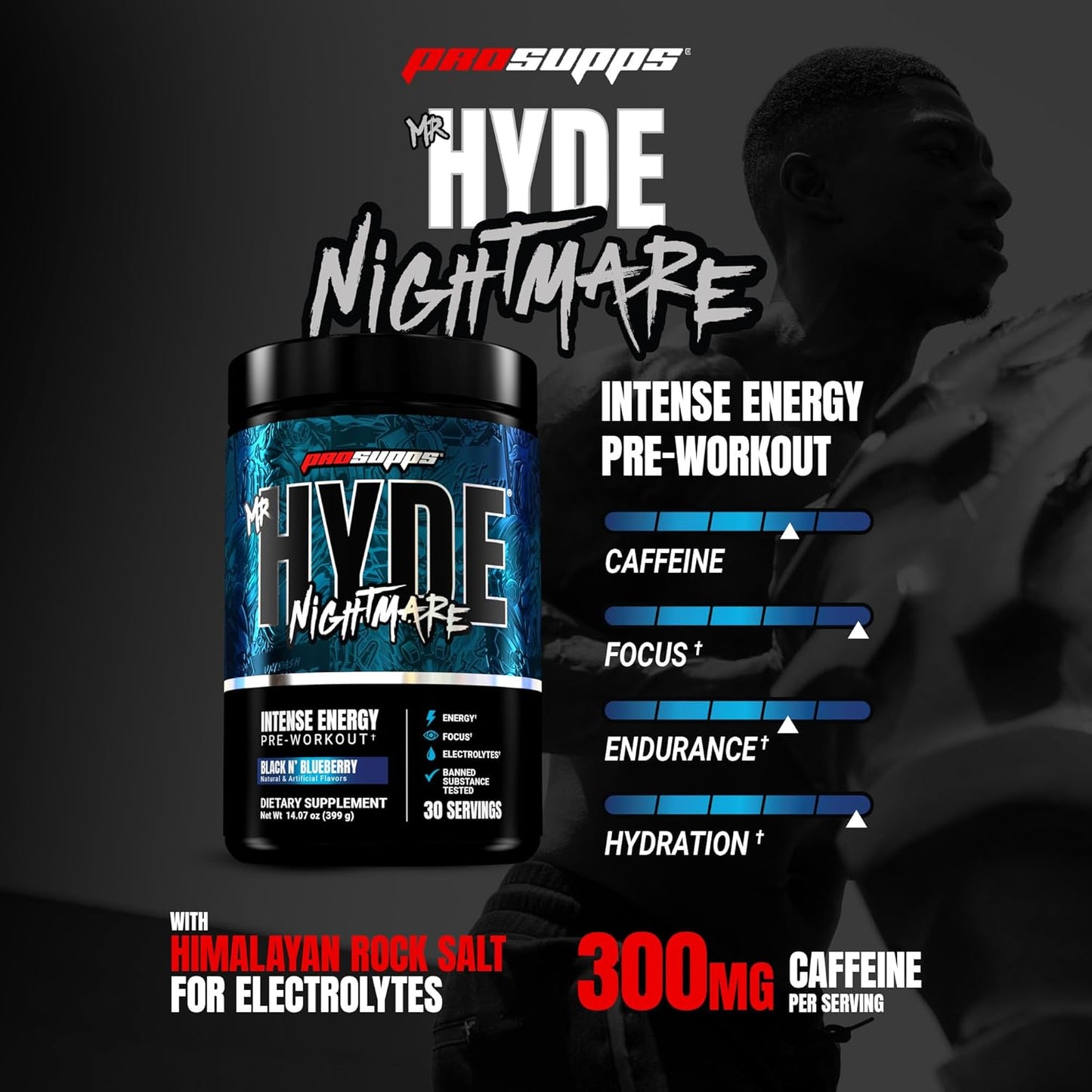 PROSUPPS Mr. Hyde Nightmare Pre Workout Powder with Caffeine & Beta Alanine - Preworkout for Intense Energy, Mental Focus & Performance - Gym & Fitness Supplements (Black N' Blueberry, 30 Servings)