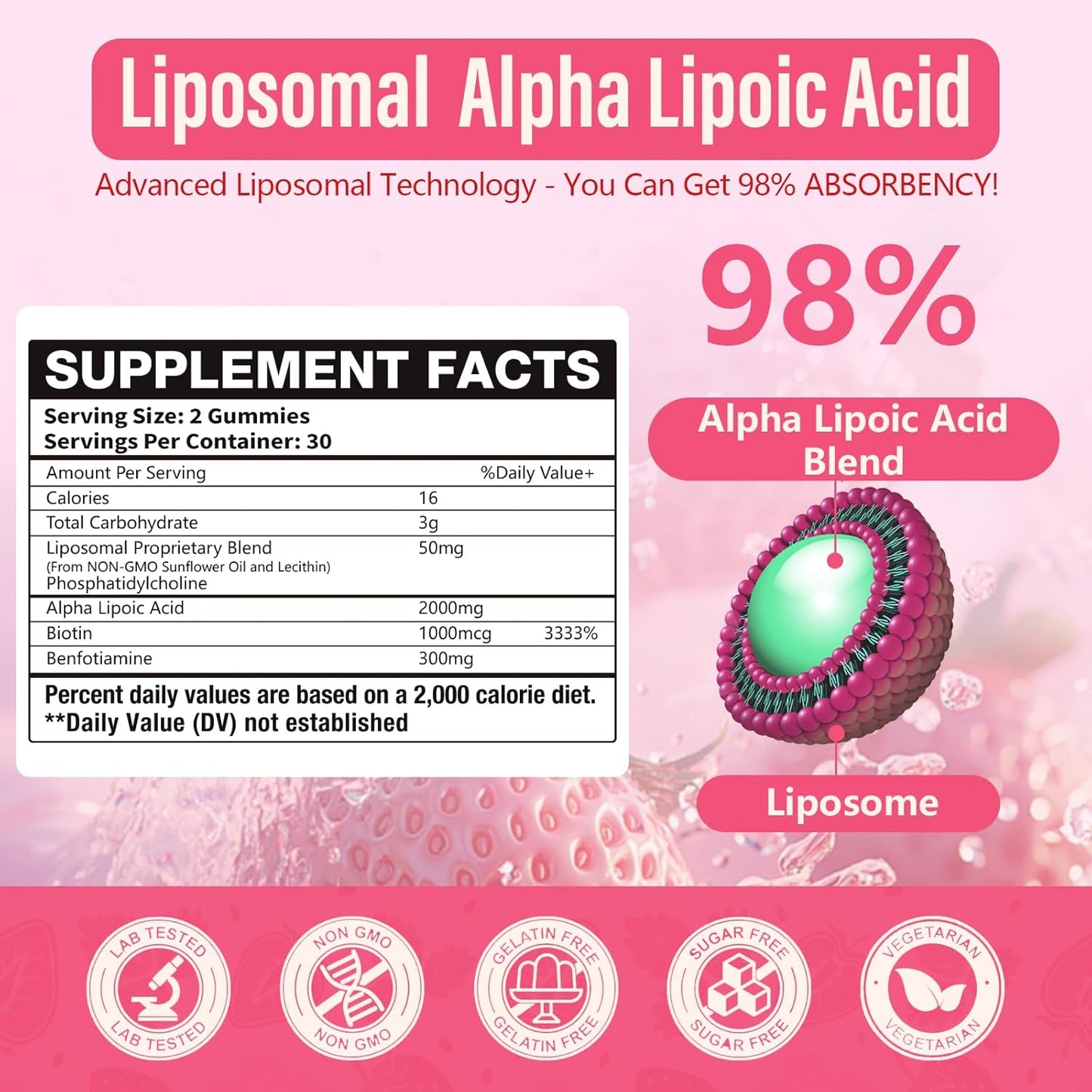 2 Pack Liposomal Alpha Lipoic Acid Gummies 2000mg Gummies,High Potency ALA Complex Biotin & Benfotiamine for Antioxidant, Brain Health and Nerve* Support,Liposomal Enhance 98% Absorption
