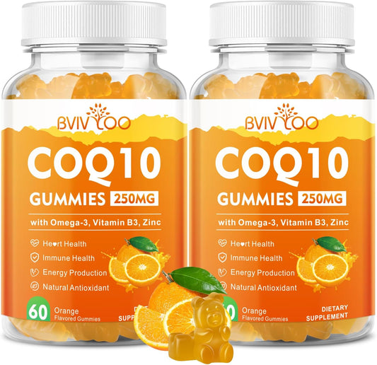 2 Packs CoQ10 Gummies 250mg, Plus Omega-3, Vitamin B3 & Zinc, Magnesium - High Absorption Coenzyme Q10 Supplements for Heart Health, Cellular Energy, & Antioxidant Support, 120 Count